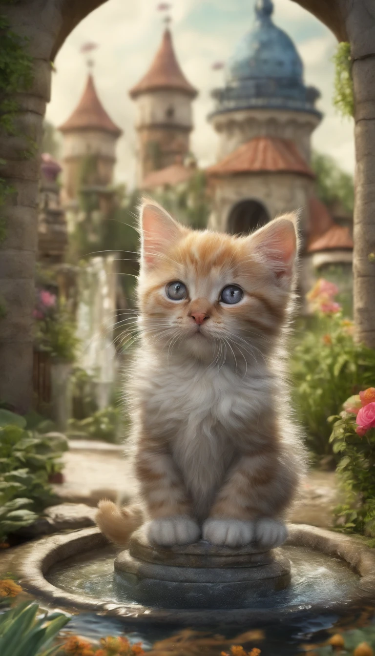 a round-eyed cute kitten, Garden fountain, , Distant houses, mirror effect