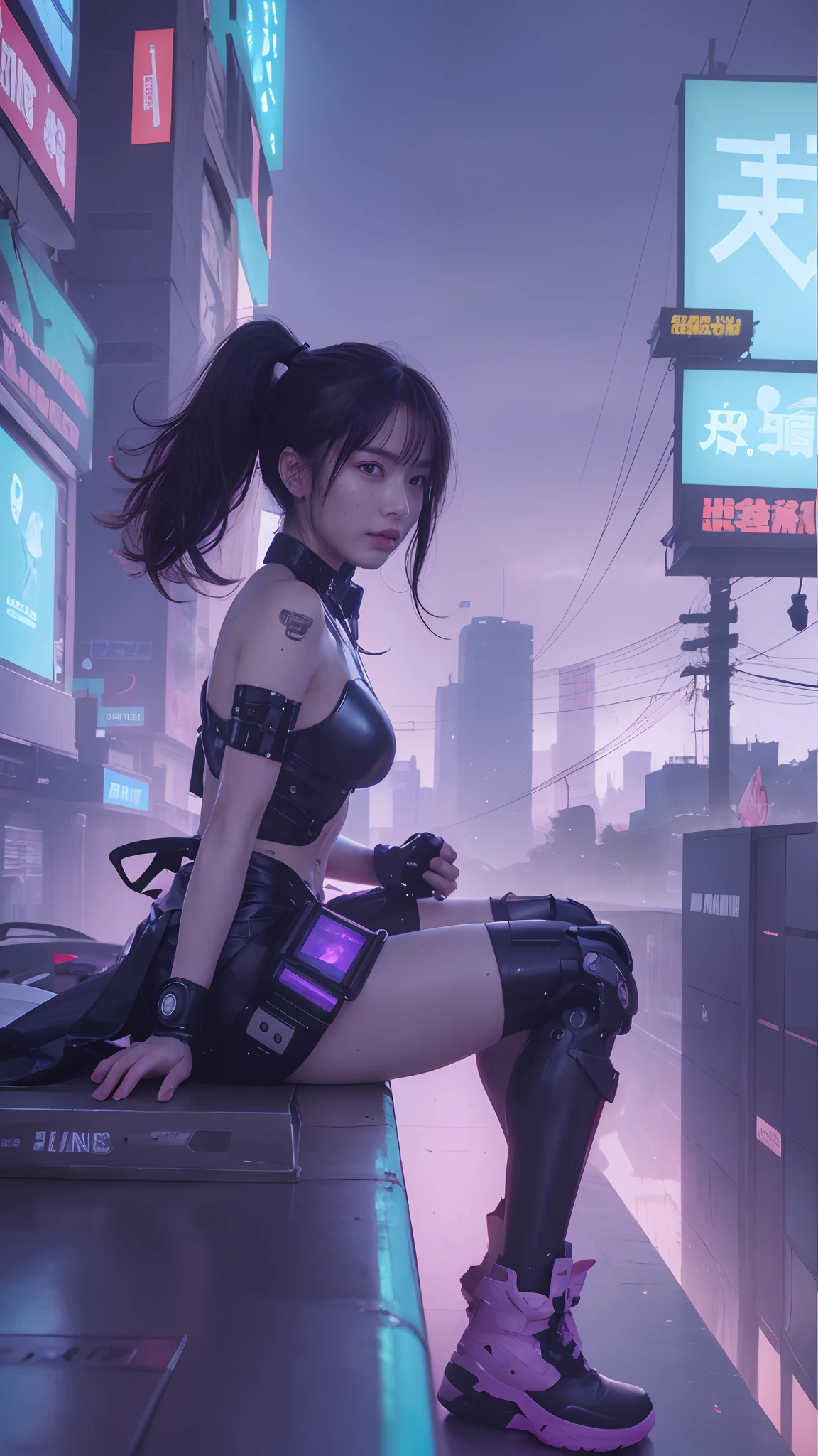 a girl,cyberpunk city and lake,squatting,on-all-fours,huge breasts,off chest,facing viewer,(her both hands two-finger salute:1.2),(open mouth,tongue out,saliva,cum on tongue and hair:1.45),Multiple exposure bright mode,Multiple exposure dark mode,