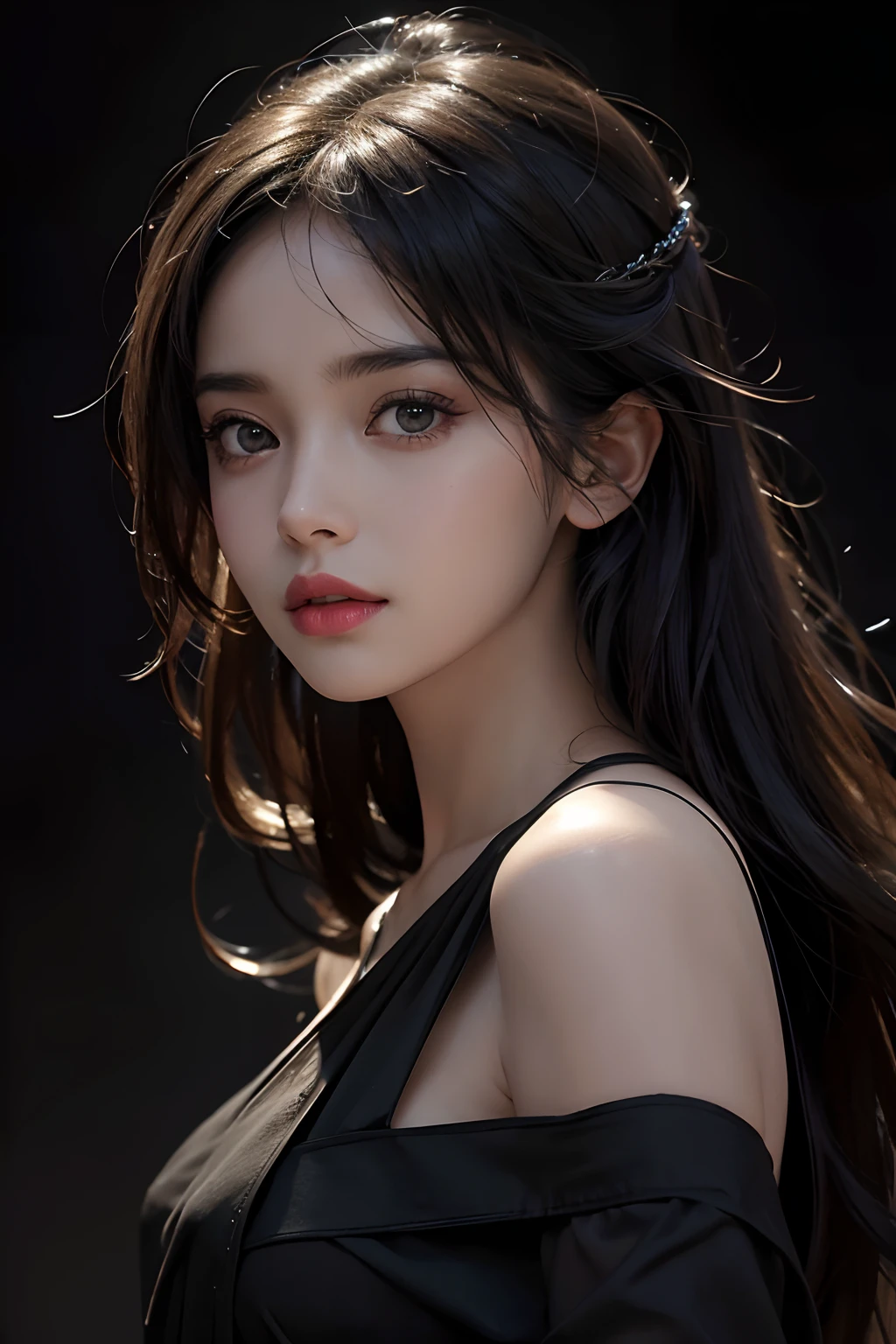 masterpiece, photorealistic:1.4 , bright face, glowing skin, best quality, ultra high resolution, front view, raw photo, 1girl, indian girl face, black saree dress, perfect face, in the dark, deep shadow, Cold light, , looking at the viewer, volumetric light, foggy background, backlit hair, photorealistic, photograph, masterpiece, realistic, realism, photorealism, high contrast,