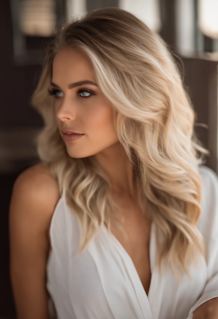 (Mikayla Demaiter) sexy blonde woman with brown eyes, ultra realistis, Meticulous detail, instagram model, blonde hair and brown eyes, selfie of a young woman, soft eyes, blonde hair, strong highlights in hair, no makeup, natural makeup, looking straight at camera, face with artgram, fine makeup, Stunning full-length shot, posing inside of club, wearing casual clothes