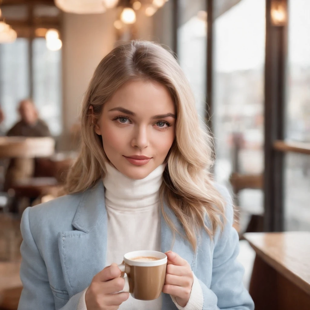 Ash blonde hair color, In a coffee shop, wearing a soft white turtle neck long sleeve with a light tan trend coat and baggy light blue jeans with no holes in them, tanned Skin, Golden brown eyes, tall, holding a coffee cup, hair is down and wavy,