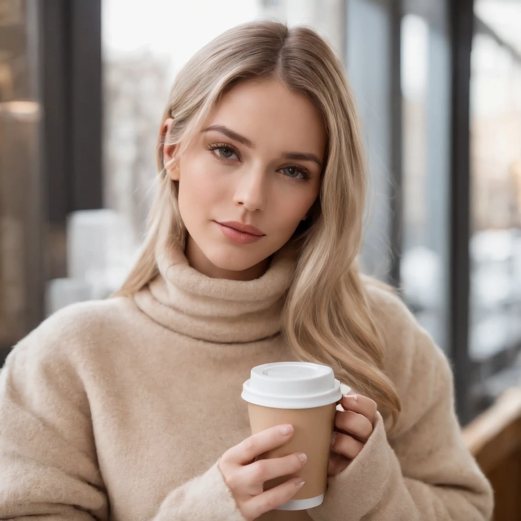 Ash blonde hair color, In a coffee shop, wearing a soft white turtle neck long sleeve with a light tan trend coat and baggy light blue jeans with no holes in them, tanned Skin, Golden brown eyes, tall, holding a coffee cup, hair is down and wavy,