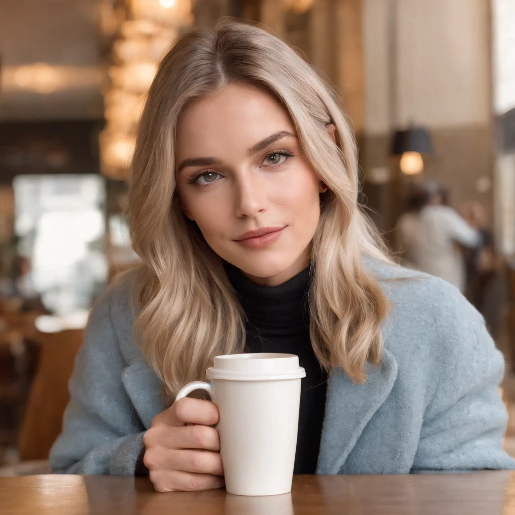 Ash blonde hair color, In a coffee shop, wearing a soft white turtle neck long sleeve with a light tan trend coat and baggy light blue jeans with no holes in them, tanned Skin, Golden brown eyes, tall, holding a coffee cup, hair is down and wavy,