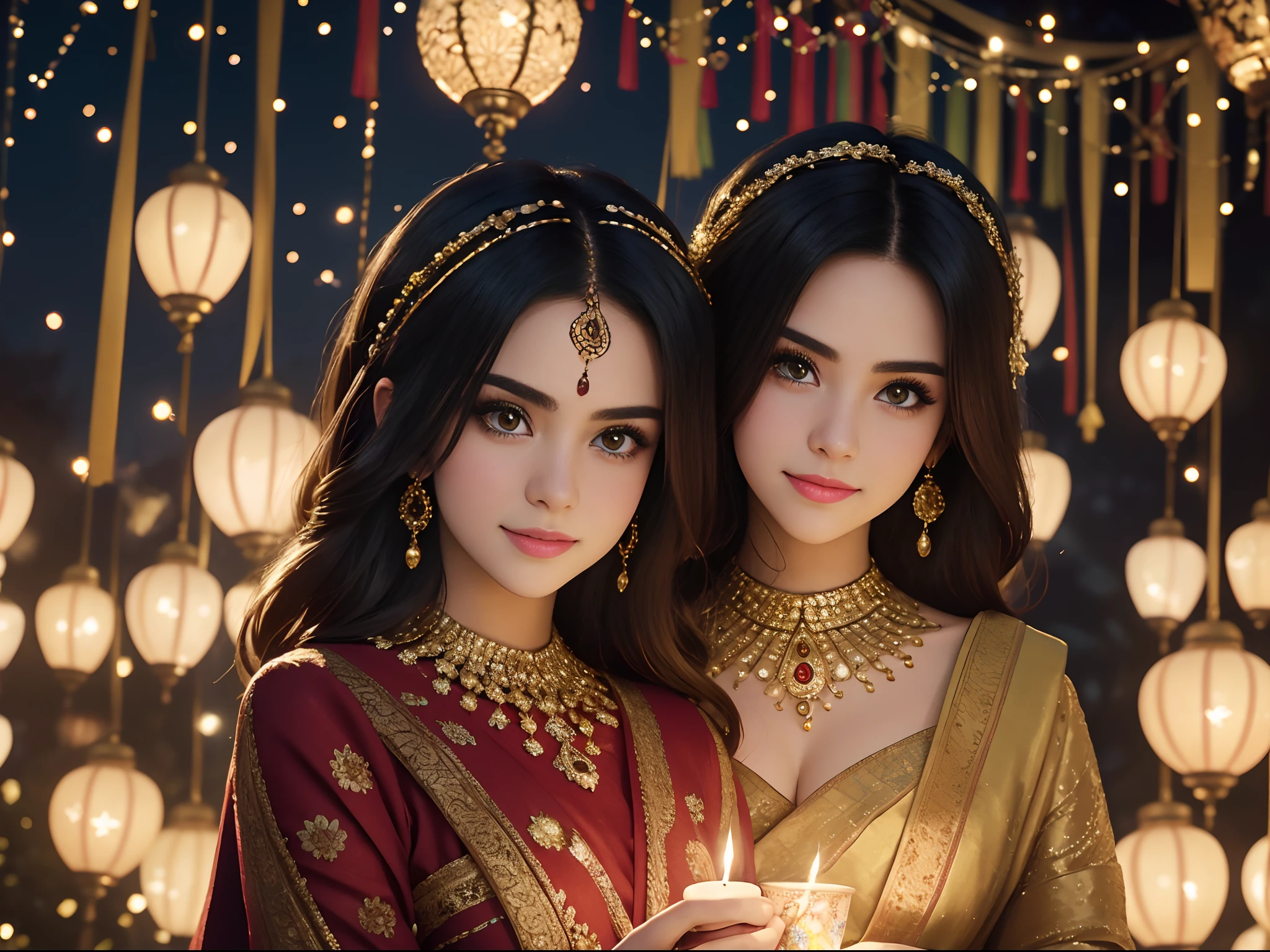 Create a captivating illustration of a stunningly beautiful girl (((selena Gomez:Emma Watson:0.7))) lighting a candle and posing for a photo during the festival of lights. She is dressed in traditional attire (( lue aesthetic dress)) adorned with intricate jewelry and a vibrant dress that reflects the spirit of the festival. Her hair is styled elegantly, with flowers or ornaments adding a touch of grace. The setting is her beautifully decorated house, with shimmering lights and colorful lanterns adorning the facade. The street behind her is also adorned with lights, creating a magical ambiance. Imagine the glow from the lights casting a warm and ethereal glow on her face, enhancing her beauty. In the sky above, fireworks burst with vibrant colors and patterns, illuminating the scene with a breathtaking display. The fireworks can be in various shapes, like stars, flowers, or even cascading sparkles. Their brilliant lights create a mesmerizing backdrop for the photo, adding an extra touch of magic to the illustration. The girl can be striking a confident and elegant pose, with a joyful expression on her face. Her eyes are filled with excitement, capturing the essence of the festive spirit. You may also consider incorporating props like a camera or a smartphone in the illustration to emphasize the idea of posing for a photo.