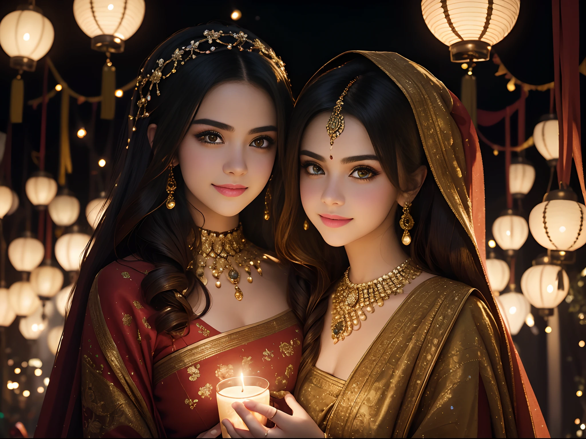 Create a captivating illustration of a stunningly beautiful girl (((selena Gomez:Emma Watson:0.7))) lighting a candle and posing for a photo during the festival of lights. She is dressed in traditional attire (( lue aesthetic dress)) adorned with intricate jewelry and a vibrant dress that reflects the spirit of the festival. Her hair is styled elegantly, with flowers or ornaments adding a touch of grace. The setting is her beautifully decorated house, with shimmering lights and colorful lanterns adorning the facade. The street behind her is also adorned with lights, creating a magical ambiance. Imagine the glow from the lights casting a warm and ethereal glow on her face, enhancing her beauty. In the sky above, fireworks burst with vibrant colors and patterns, illuminating the scene with a breathtaking display. The fireworks can be in various shapes, like stars, flowers, or even cascading sparkles. Their brilliant lights create a mesmerizing backdrop for the photo, adding an extra touch of magic to the illustration. The girl can be striking a confident and elegant pose, with a joyful expression on her face. Her eyes are filled with excitement, capturing the essence of the festive spirit. You may also consider incorporating props like a camera or a smartphone in the illustration to emphasize the idea of posing for a photo.