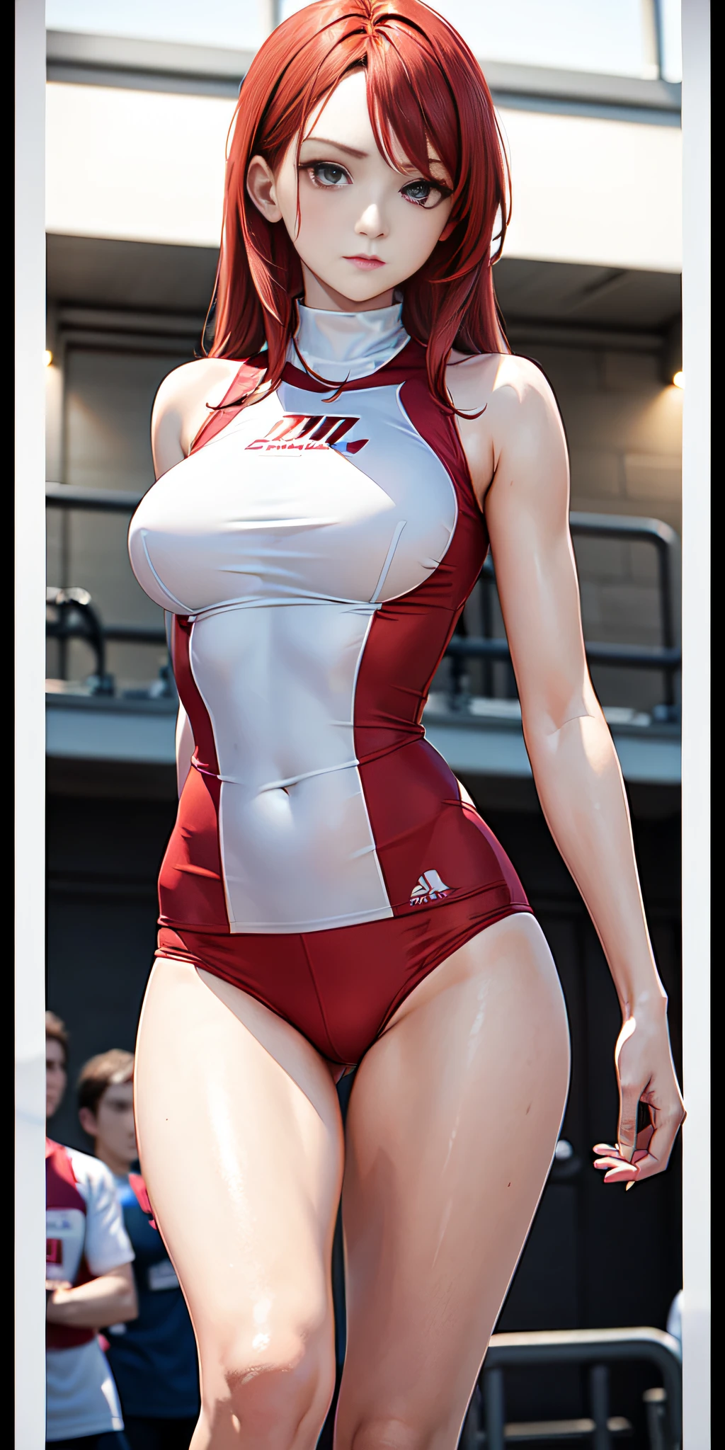masterpiece, Red hair with a symmetrical face, Thin and athletic 18-year-old woman with medium breasts competes in a 100-meter dash race, 40% ultra-short and tight competition clothing, ((intricate details)), natural light, running track, professional photography, wallpaper