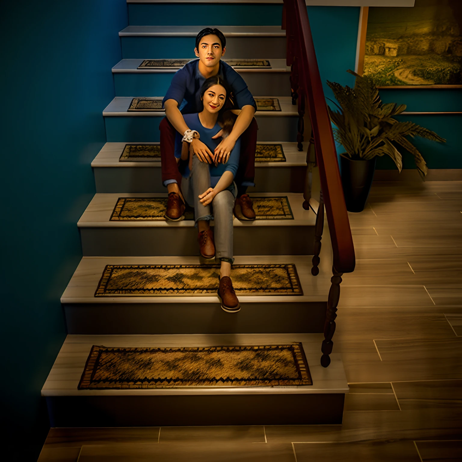 A couple is sitting on the stairs of the house, everything is carpet and 3d, most popular, advertising photograph, Wooden stairs, In the evening, artistic pose, stairways, true realistic image, maxar, 1 staircase, Stable appearance, by Milton Menasco, stairways, on a mosaic marble floor dais, author：an album cover by Dan Content, Modern look, 8 x