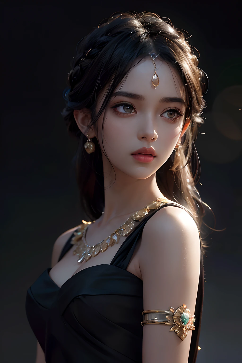 masterpiece, photorealistic:1.4 , bright face, glowing skin, best quality, ultra high resolution, front view, raw photo, 1girl, indian girl face, black saree dress, perfect face, in the dark, deep shadow, Cold light, , looking at the viewer, volumetric light, foggy background, backlit hair, photorealistic, photograph, masterpiece, realistic, realism, photorealism, high contrast,