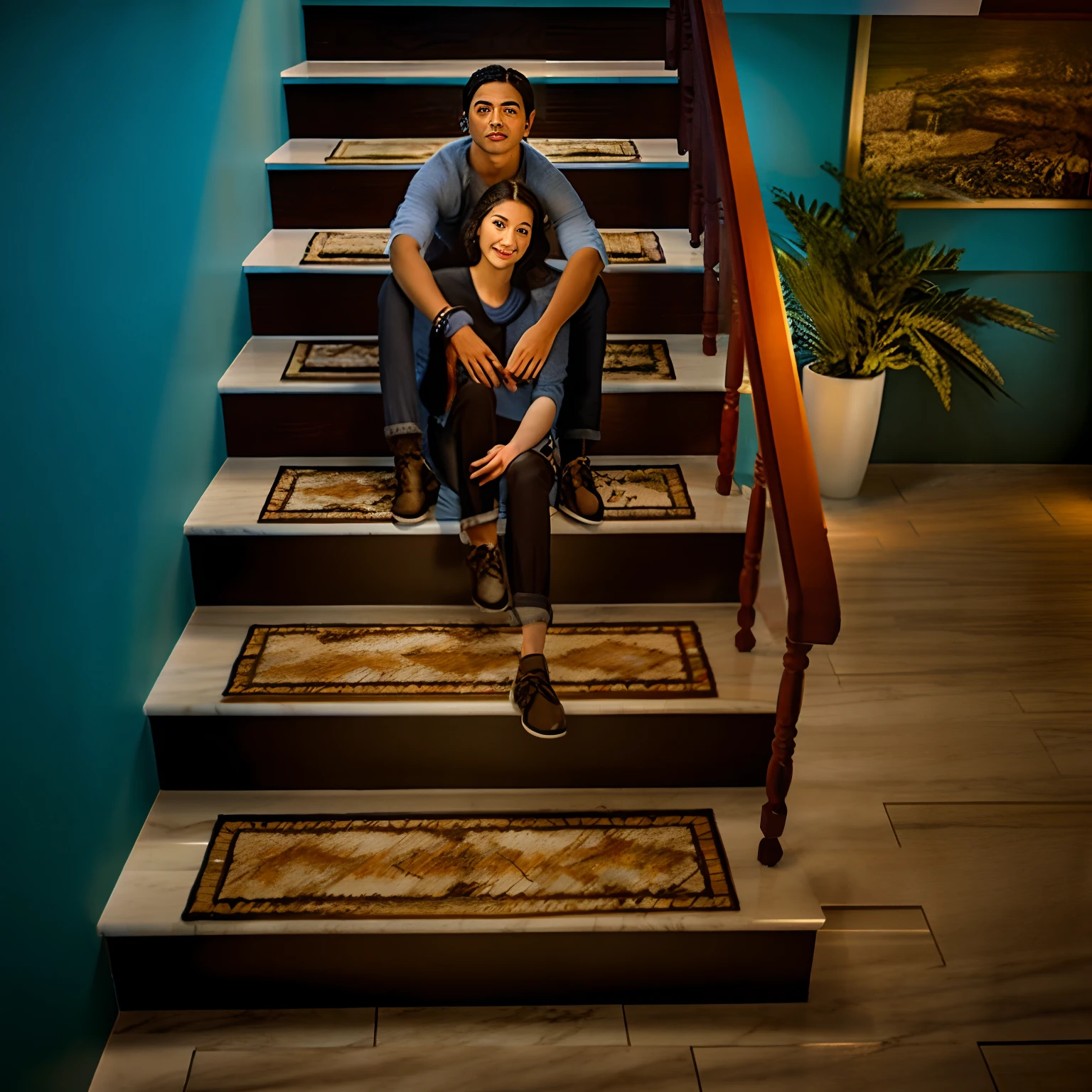 A couple is sitting on the stairs of the house, everything is carpet and 3d, most popular, advertising photograph, Wooden stairs, In the evening, artistic pose, stairways, true realistic image, maxar, 1 staircase, Stable appearance, by Milton Menasco, stairways, on a mosaic marble floor dais, author：an album cover by Dan Content, Modern look, 8 x