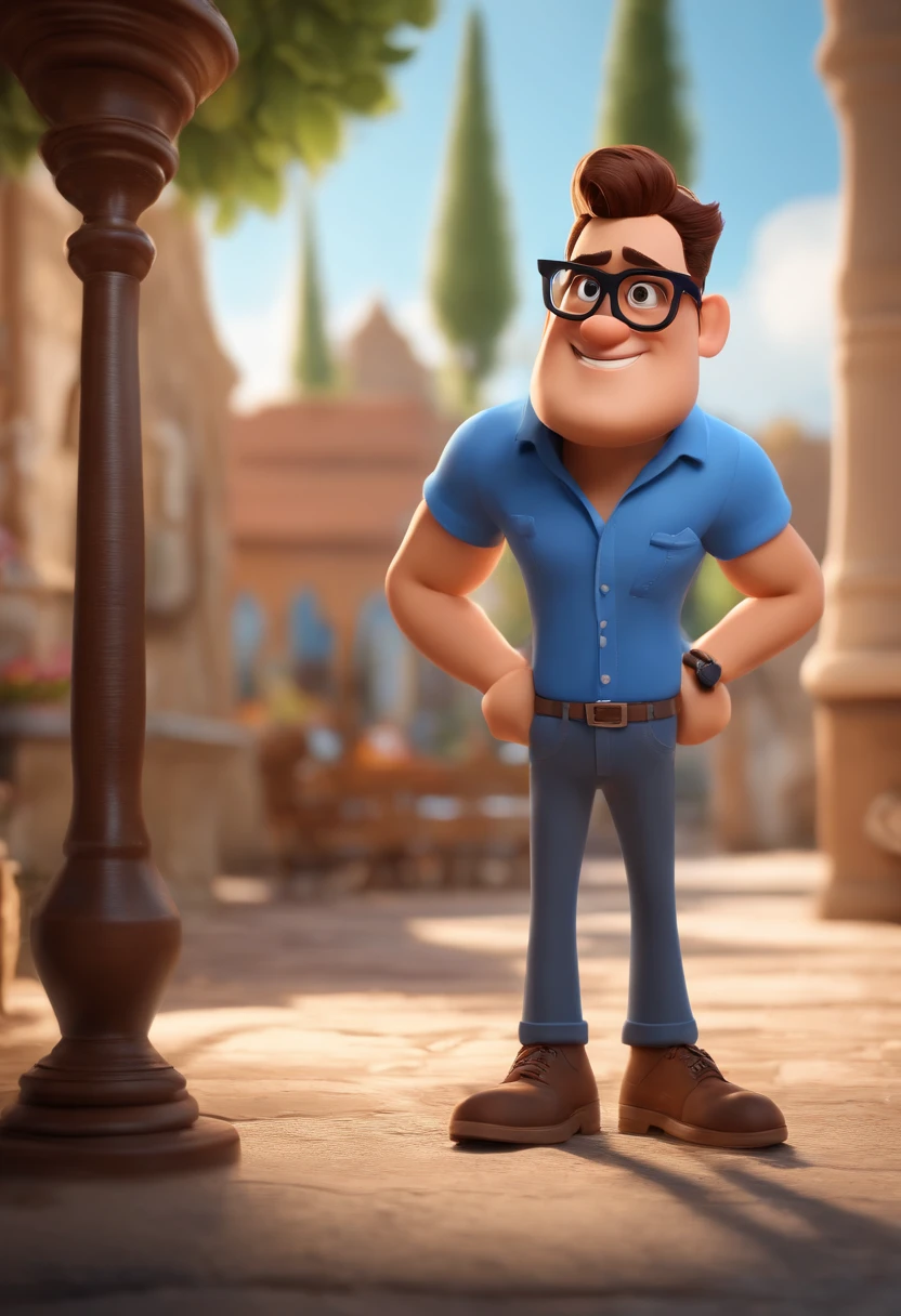 Cartoon character of a man wearing black glasses and a blue shirt, an animated character, stylized character, animation style render, Stylized 3 D, arnold maya render, 3 d render stylized, toon render keyshot, 3d character, 3 d character, stylized 3d render, 3 d character render, cartoon character, close up character, character posing, (Pixar style) (Masterpiece:1.2) (Bokeh) (Best quality) (Detailed skin) (Detailed texture) (8K) (Clay) (Cinematic lighting) (Sharp focus,Sits and leaks the upper body