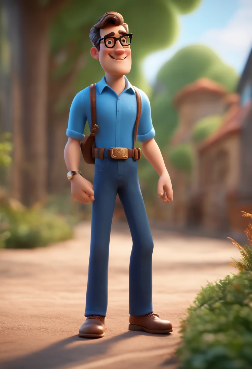 Cartoon character of a man wearing black glasses and a blue shirt, an animated character, stylized character, animation style render, Stylized 3 D, arnold maya render, 3 d render stylized, toon render keyshot, 3d character, 3 d character, stylized 3d render, 3 d character render, cartoon character, close up character, character posing, (Pixar style) (Masterpiece:1.2) (Bokeh) (Best quality) (Detailed skin) (Detailed texture) (8K) (Clay) (Cinematic lighting) (Sharp focus，Sits and leaks the upper body