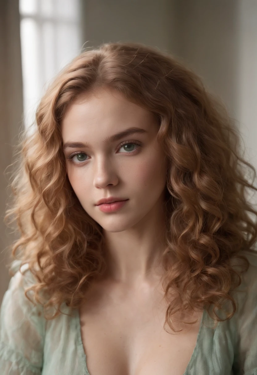 Full body portrait of a sexually aroused 18 year old women with curly hay coloured hair, a late 80s look, small freckles, petite figure, beautiful face, captivating dark green eyes, and modest bust size, showcasing her natural beauty, posing in a bedroom, photorealistic, real life, wearing just a sheet.