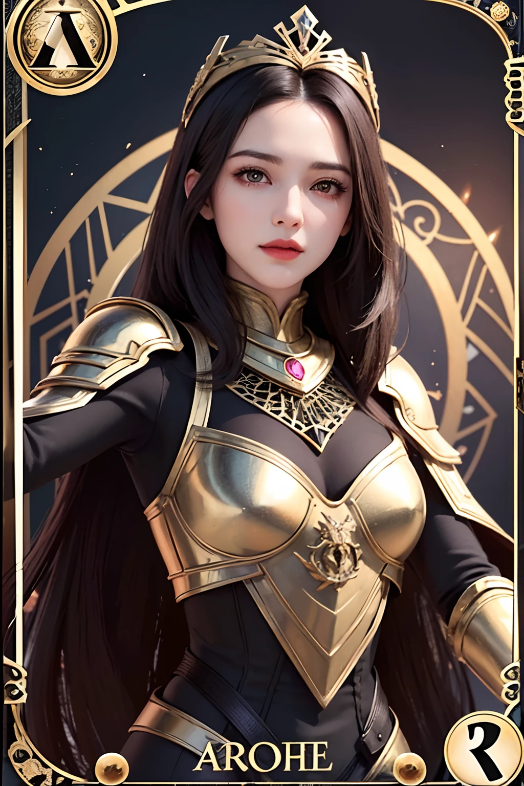 masutepiece, Best Quality, High quality, High Definition, high quality texture, high quality shadow, high detailing, Beautiful detailed, Finely detailed, extremely details CG, Detailed texture, realistic representation of face, Realistic, Colorful, Delicate, Cinematic Light, Side lighting, ((Woman knight)), Wear a full helm helmet, Full armor with black embellishments, Brown patterned cloak with patterned decoration, , Upholstered gloves, Black Pattern See-Through Half Stockings, Alafed woman with long hair and red lipstick, ekaterina, profile image, Red lips, Sword Holding Pose, Dynamic Pose, A face that screams while glaring, Confident smile, professional photograpy, 30 year old female, 3 0 years old woman, Angie Wolfe, Jessica Devich Photos, professional profile photo, moleksandra shchaslyva, straight dark-hair, ((Tarot card style design)), ((Trading card-like design)), Background with, Geometric patterns that mimic spelling letters