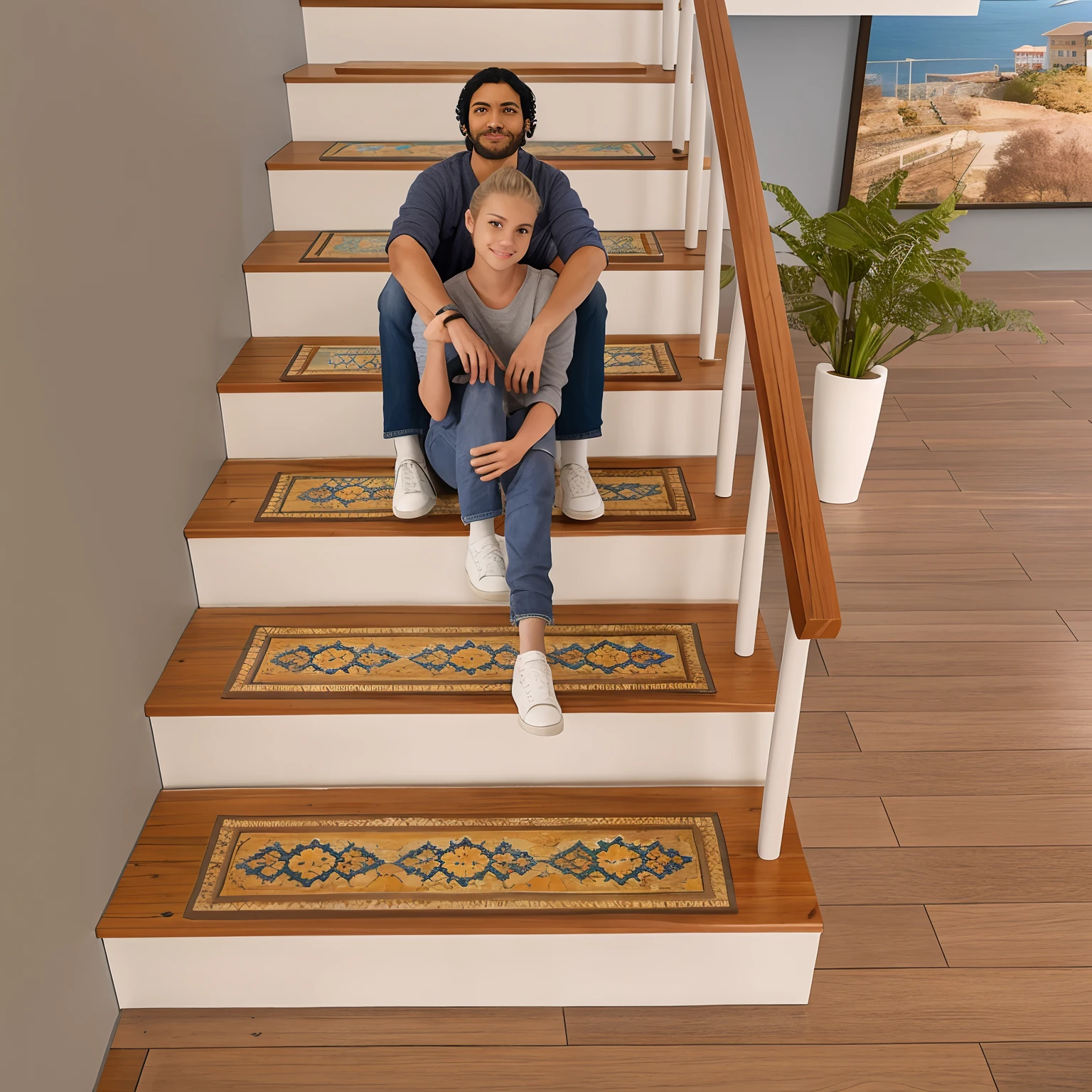 There were two people sitting on the stairs of the house, everything is carpet and 3d, most popular, advertising photograph, Wooden stairs, In the evening, artistic pose, stairways, true realistic image, maxar, 1 staircase, Stable appearance, by Milton Menasco, stairways, on a mosaic marble floor dais, author:an album cover by Dan Content, Modern look, 8 x