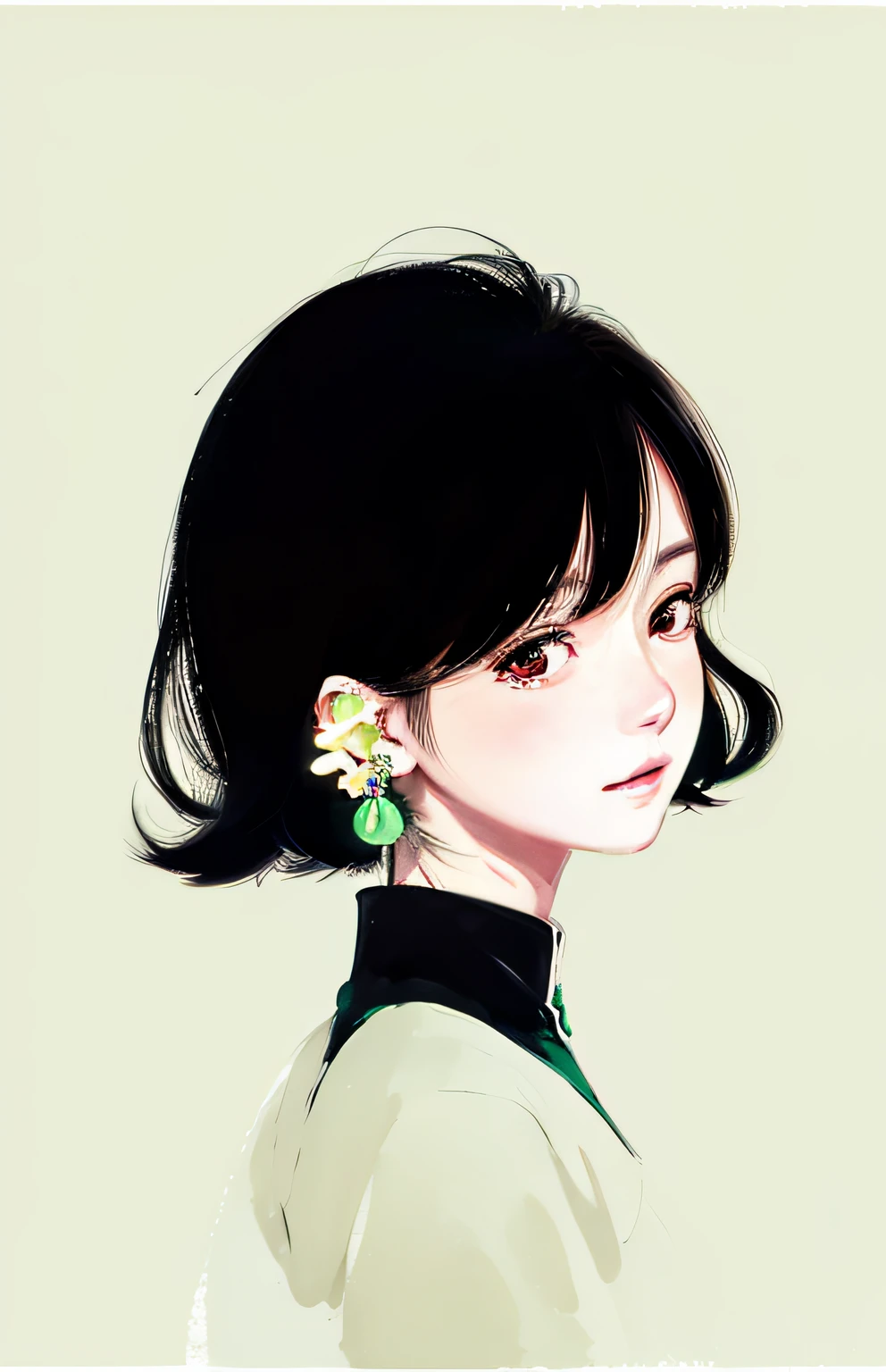 A woman wearing green earrings and a green collar, anime girl profile, anime girl portrait profile, earring, Anime style illustration, Anime style portrait, cartoonish vector style, style of anime》, anime woman headshot profile, Cute natural anime face, Girl with black hair, anime style character, portrait of cute anime girl, cartoonish and simplistic, Flat anime style