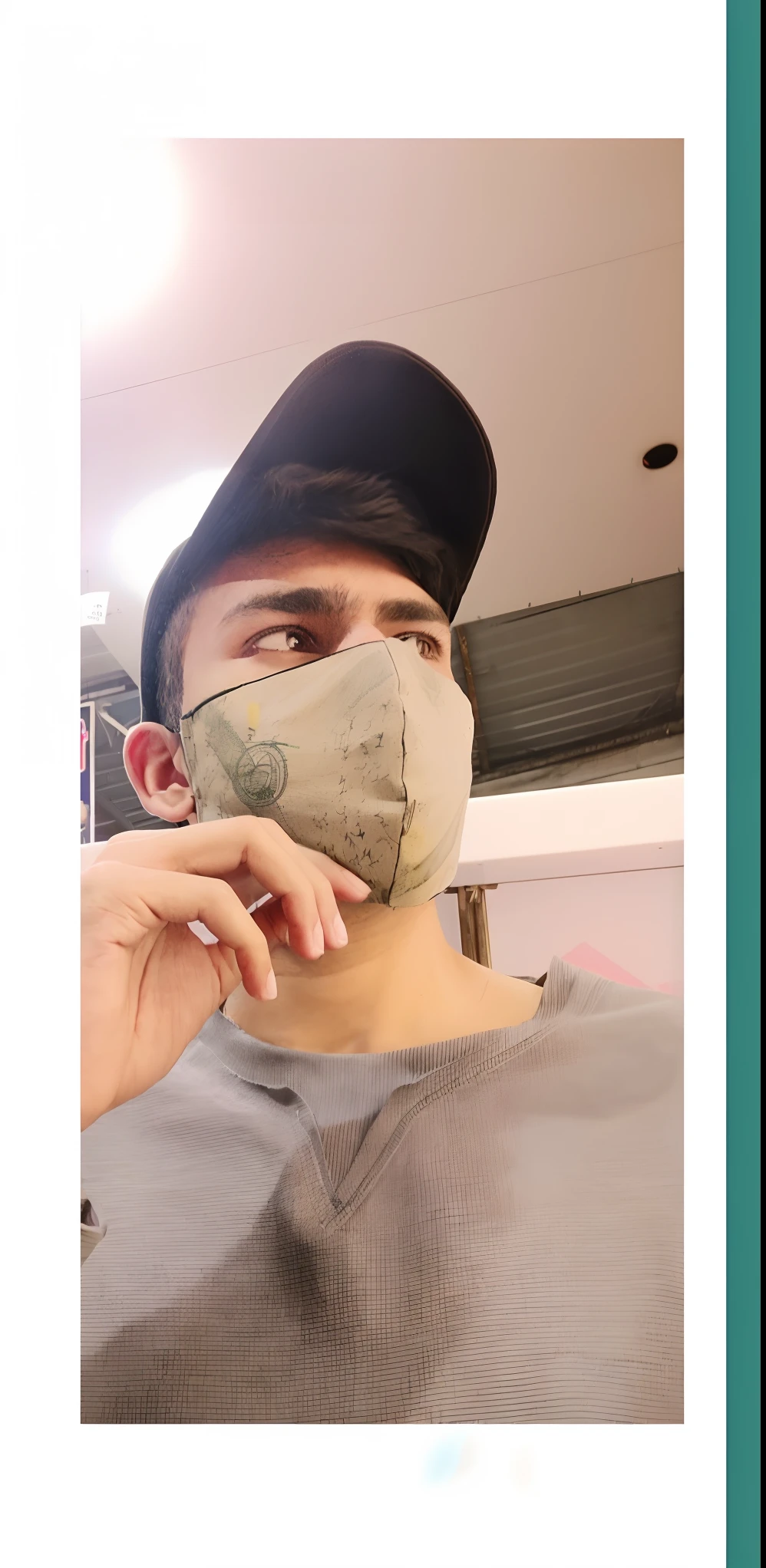 there is a man wearing a mask and a hat, facemask, face mask, mask, one single mask, wearing facemask, green facemask, wearing mask, with accurate face, detailed face with mask, some of them use gask mask, masked face, mask inside mask, full mask, detailed mask, ( ( mask ) ), wearing a mask