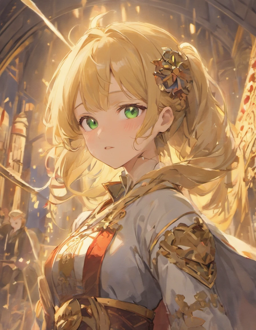 1girl, masterpiece, best quality, 8k, detailed skin texture, detailed cloth texture, beautiful detailed face, intricate details, ultra detailed, a european girl, green eyes, blonde curly hai, 3D character, Medieval Knight