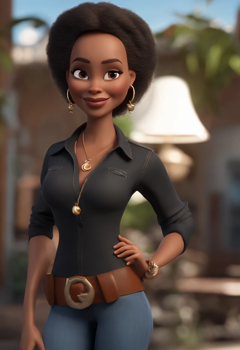 personagem dos desenhos animados de uma mulher negra, de pele clara, cabelos crespos e curtinhos. Dressed in jeans and a black T-shirt with a necklace and small silver earrings. animation character, Caractere estilizado, animation style rendering, 3D estilizado, Arnold Maya render, 3 d render stylized, toon render keyshot, Personagem 3D, Personagem 3D, 3d rendering stylized, 3 d character render, personagem de desenho animado, Personagem de close up, Pose de personagem, (Estilo Pixar) (master part:1.2) (Bokeh) (best quality) (pele detalhada) (textura detalhada) (8k) (argila) (Cinematic lighting) (foco nítido