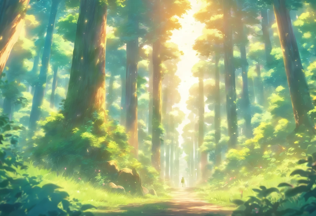 In a forest, light sun light, long distance, gorgeous forest, overcast, solo, ethereal, animals in the landscape