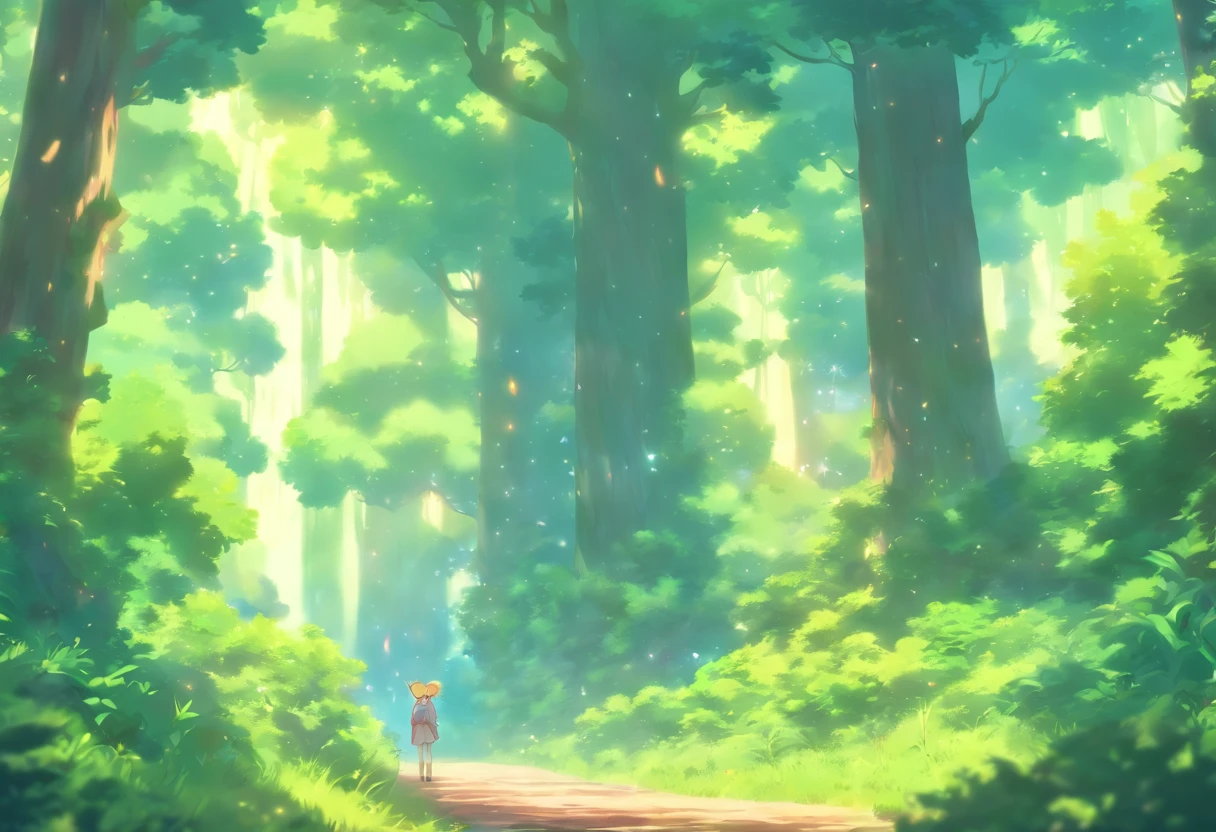 In a forest, light sun light, long distance, gorgeous forest, overcast, solo, ethereal, animals in the landscape