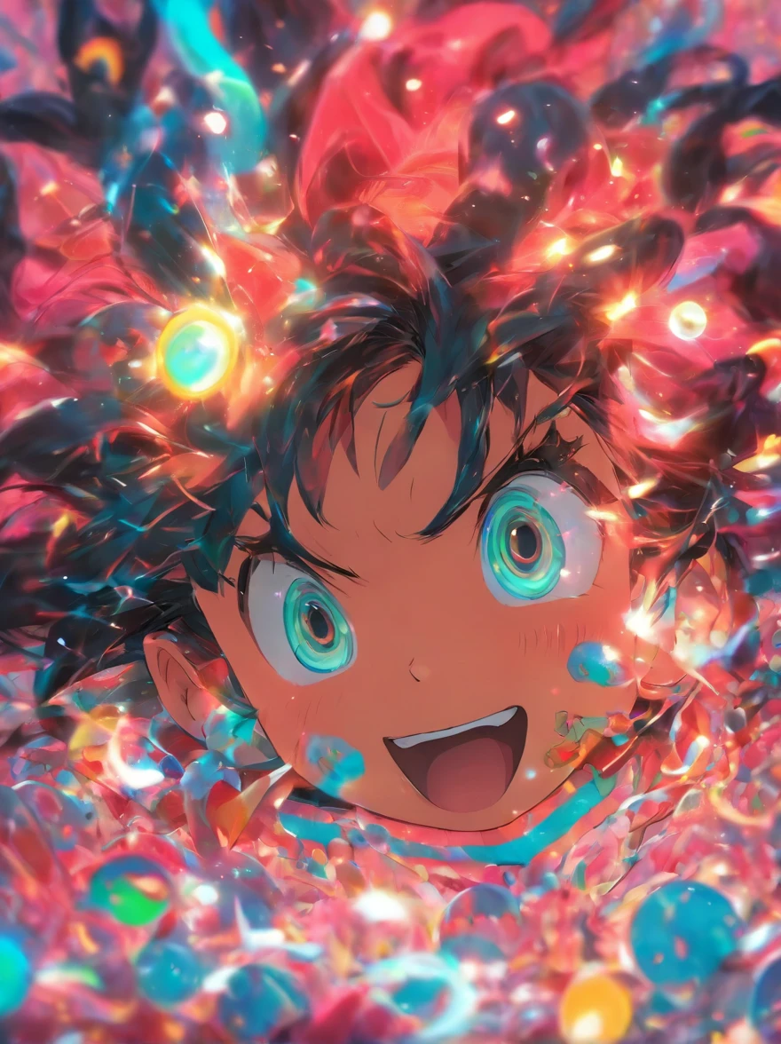 black hair, hair bobbles, wince, longeyelashes, solid circle eyes, fake animal ears, light smile, ear blush, fang, Surrealism, drop shadow, anaglyph, stereogram, tachi-e, pov, atmospheric perspective, 8k, super detail, ccurate, best quality