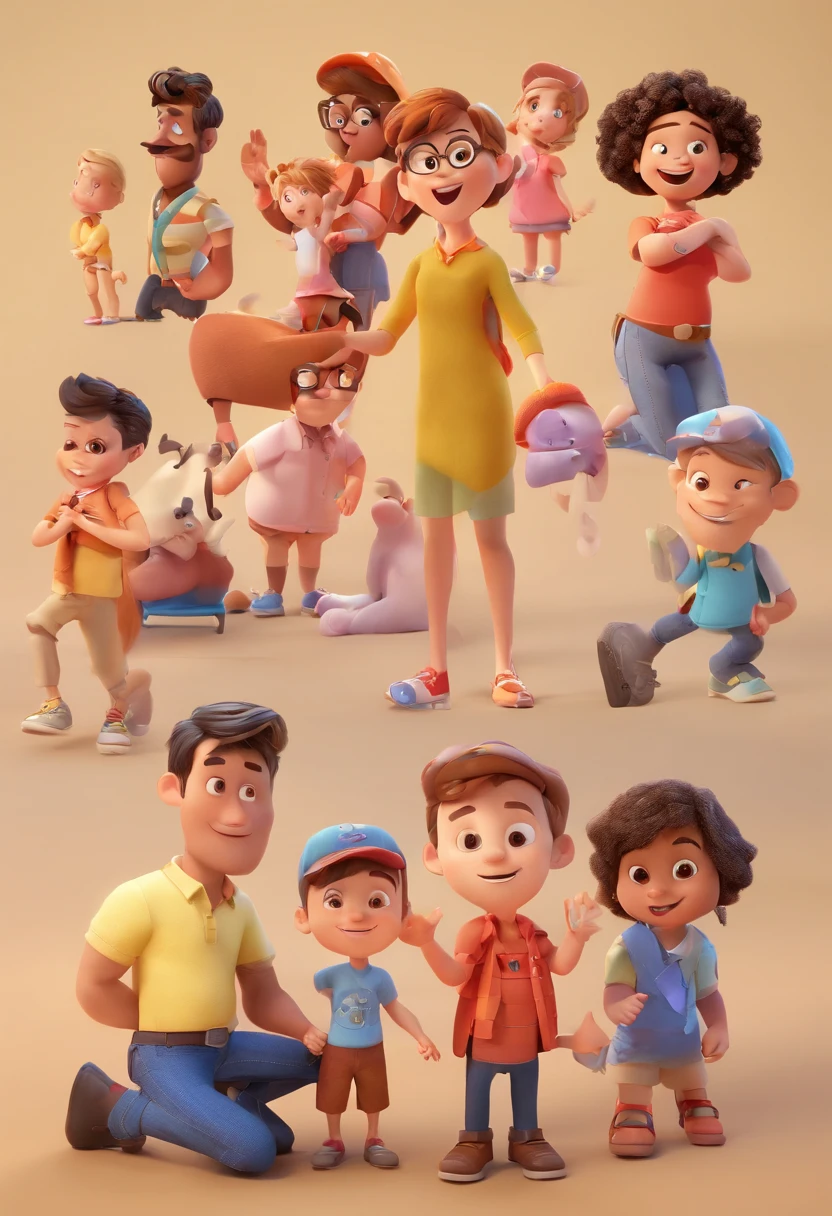 Estilo Pixar: Familia, um pai, a mother, uma filha de 10 anos, um filho de 7 anos e um filho de 4 anos e dois cachorros