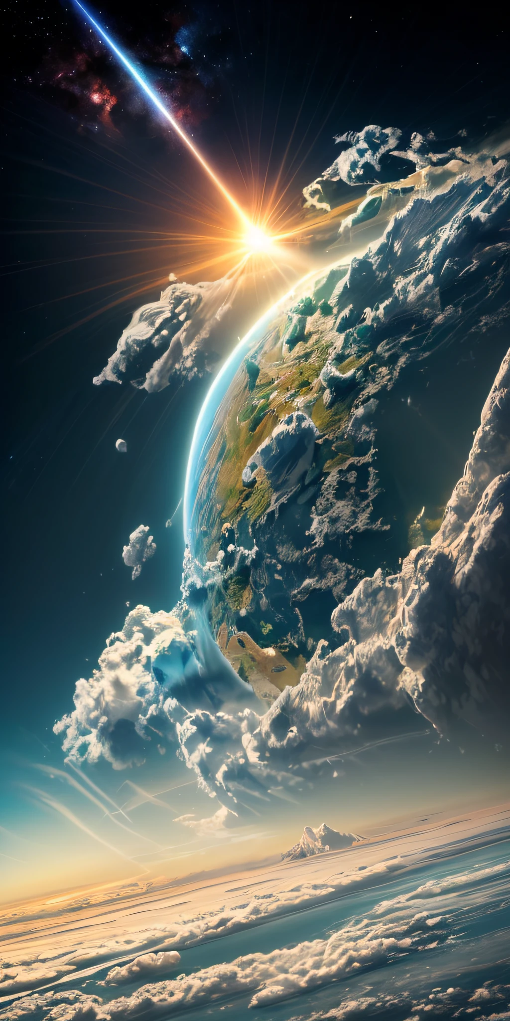 imagine a magnificent and awe-inspiring vision of Earth, suspended in the vastness of space, surrounded by a celestial sea of clouds. The Earth is the centerpiece of this extraordinary tableau, with its lush continents and vibrant oceans vividly illuminated. The scene embodies a sense of heaven on Earth, where our planet takes on an almost divine presence.
Earth dominates the scene, with its blue oceans, green continents, and white polar caps. It hovers majestically in the heavens, an emblem of beauty and wonder.
The clouds are incredibly well-defined, each swirl and wisp meticulously crafted, adding to the overall sense of beauty and wonder. They appear almost like an intricate painting in the sky.
Salvador Dalí. Vorticism.