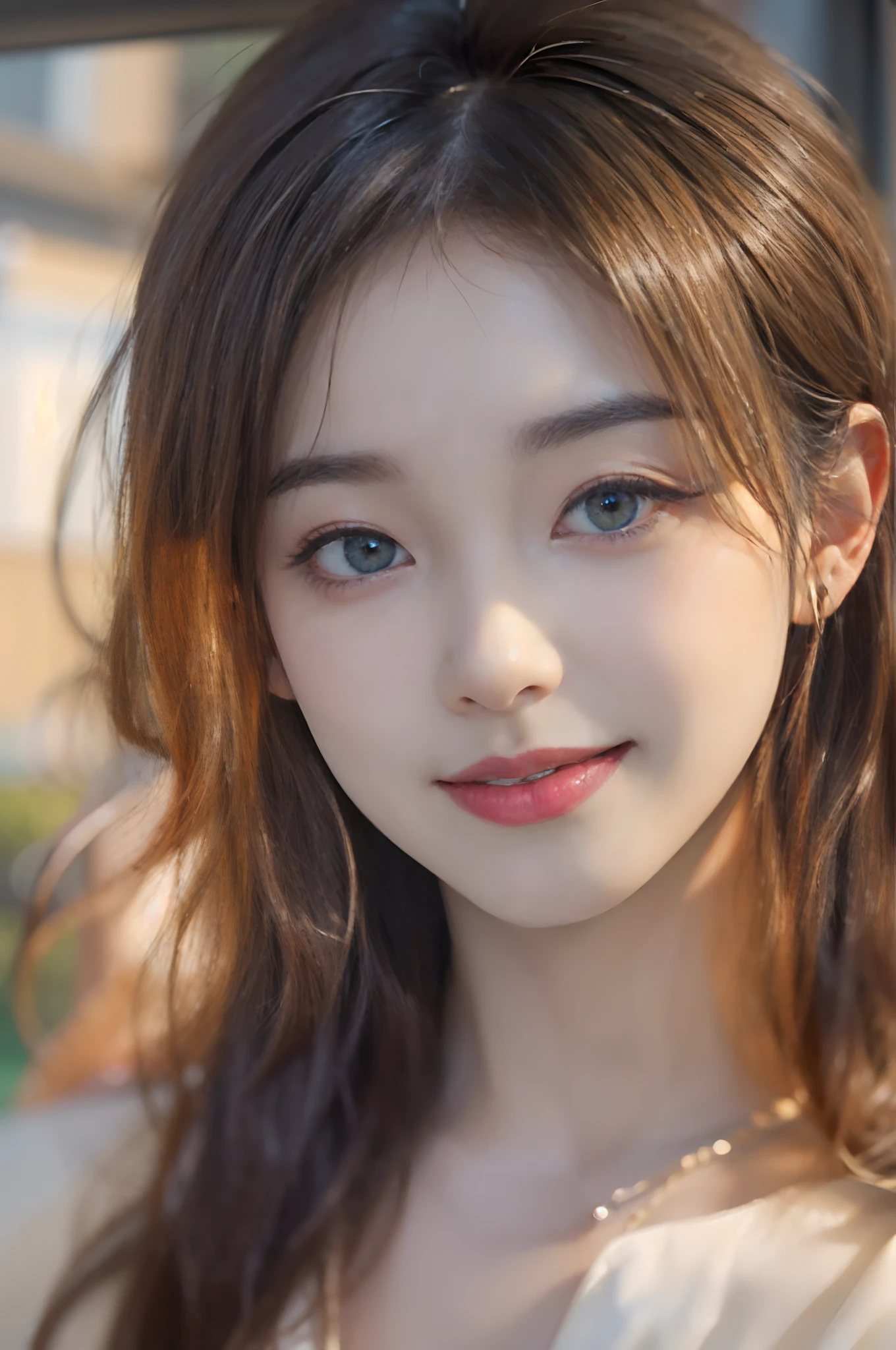 ((top-quality、8K、​masterpiece:1.3))、foco nítido:1.2、(realisitic、Photorealsitic:1.37)、((A smile))、（(beautiful countenance))、Gaze towards the viewer、Beautiful Face Woman、32years old、pointed chest、long eyeslashes、Colorcon、beutiful breast 、delicated、Very detailed eyes、Highly detailed eyebrows、（Sharp Eyebrows）、（Thin eyebrows）、very vey very detailed face、((Brunette short disheveled hair)),Clothed、Detailed background(8K、​masterpiece、top-quality、Raw foto) 、Embarrassing stares at loved ones、