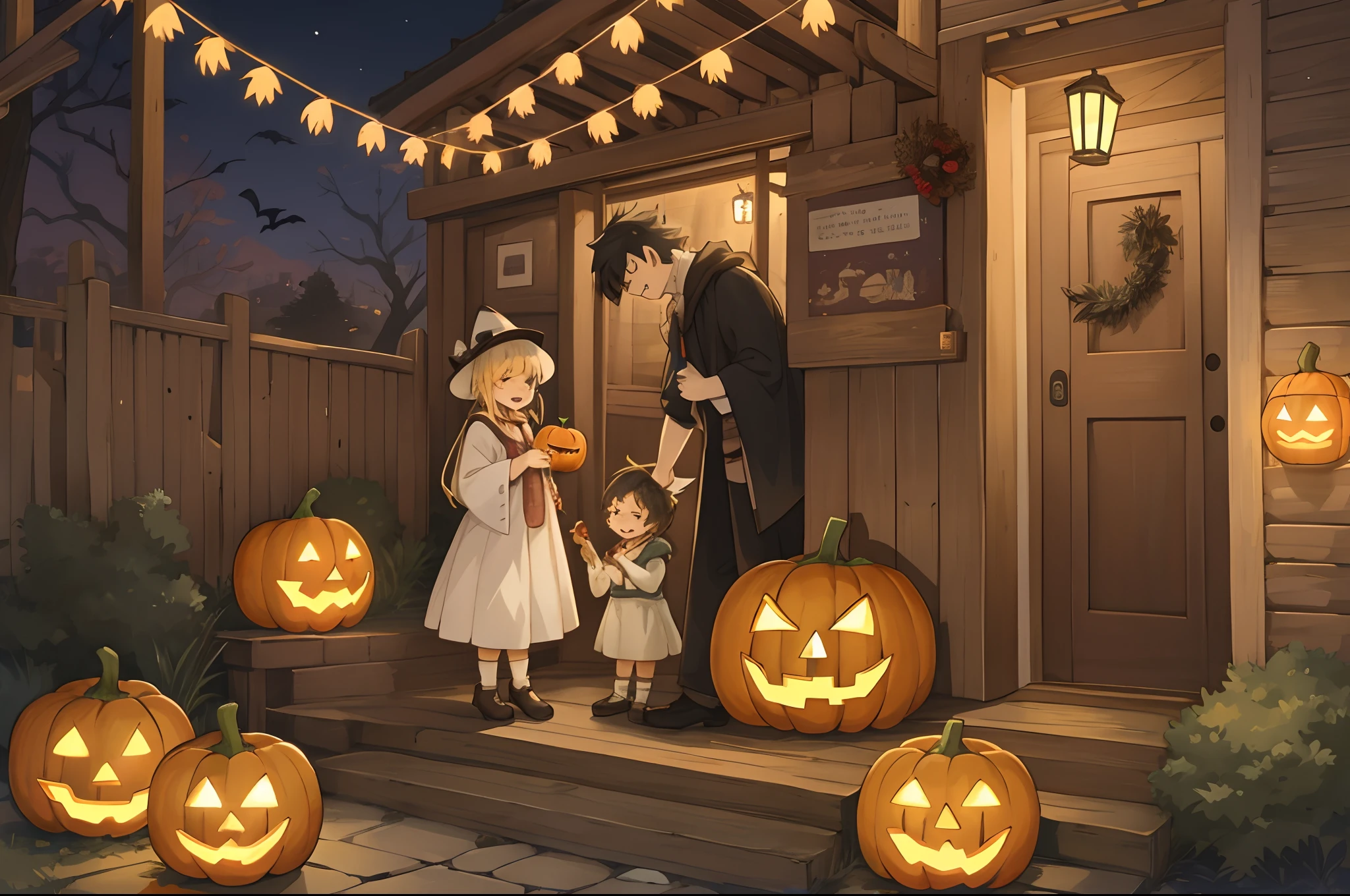 Create a detailed, high-quality fan art cover for a doujinshi based on a slice-of-life anime series, featuring a close-knit family enjoying Halloween together. The scene should depict a festive and joyous atmosphere, with the family members laughing and surrounded by sweets, and the child holding a jack-o’-lantern. The parents are amiably giving out treats to the child. Capture the warmth and happiness of the family moment, with a focus on expressing the characters’ enjoyment of the holiday. The image should be in a vertical format, with vivid colors and a homely, welcoming vibe, suitable for a fan-created work that could be shared on platforms like Pixiv or Twitter,