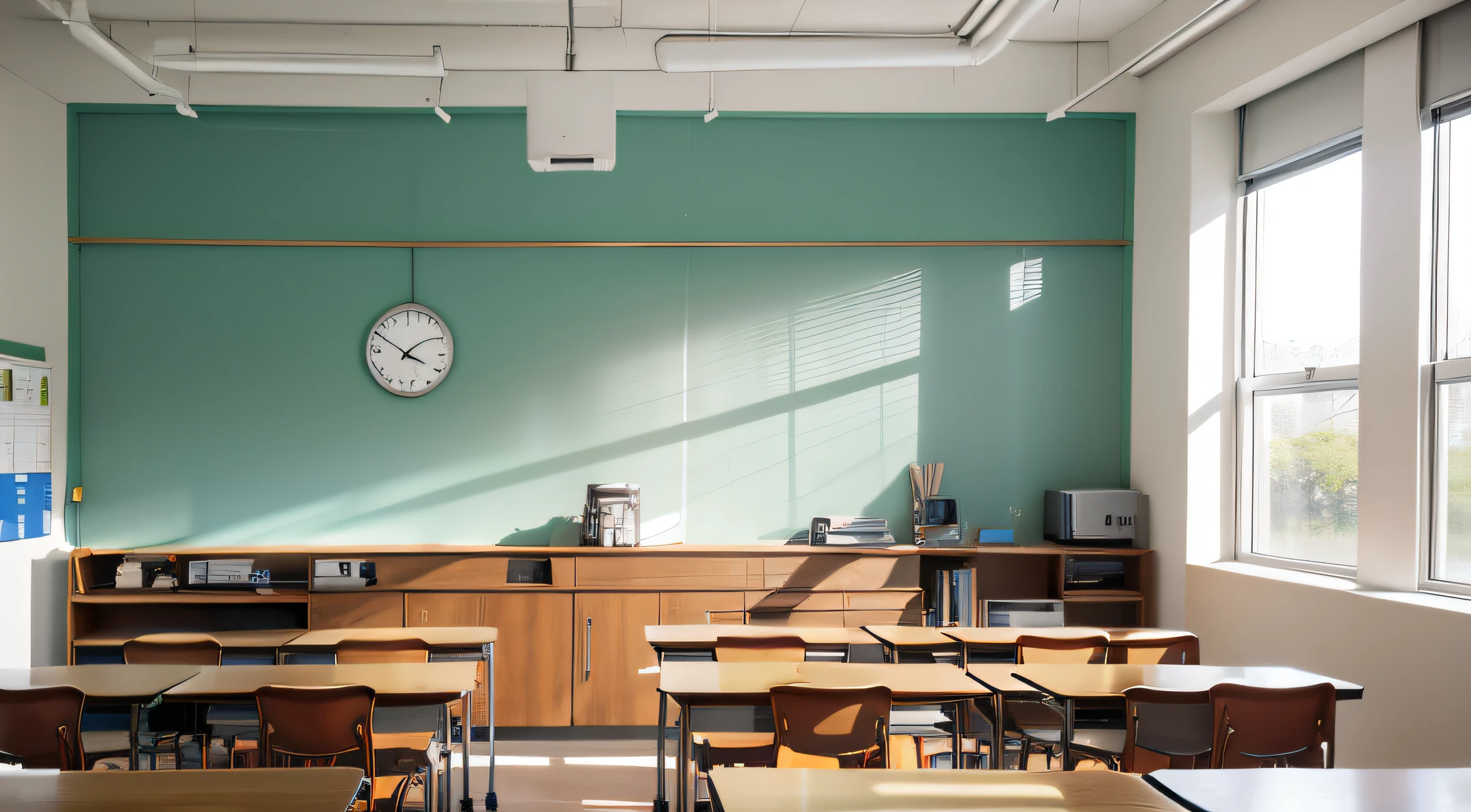 A wall-hung clock hangs in the classroom, and the light is soft,Bright style