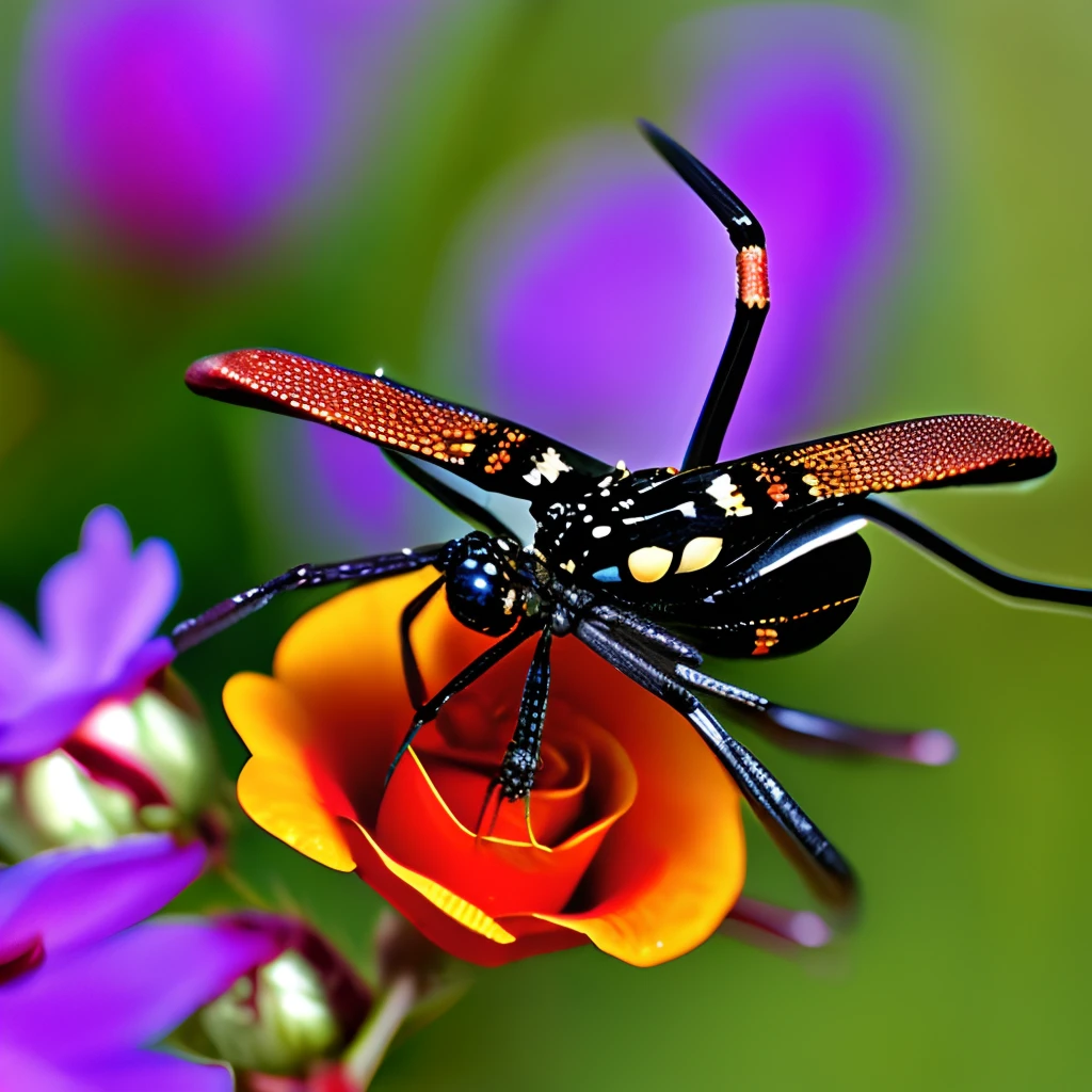 Black widow spider on a rose with a dragonfly