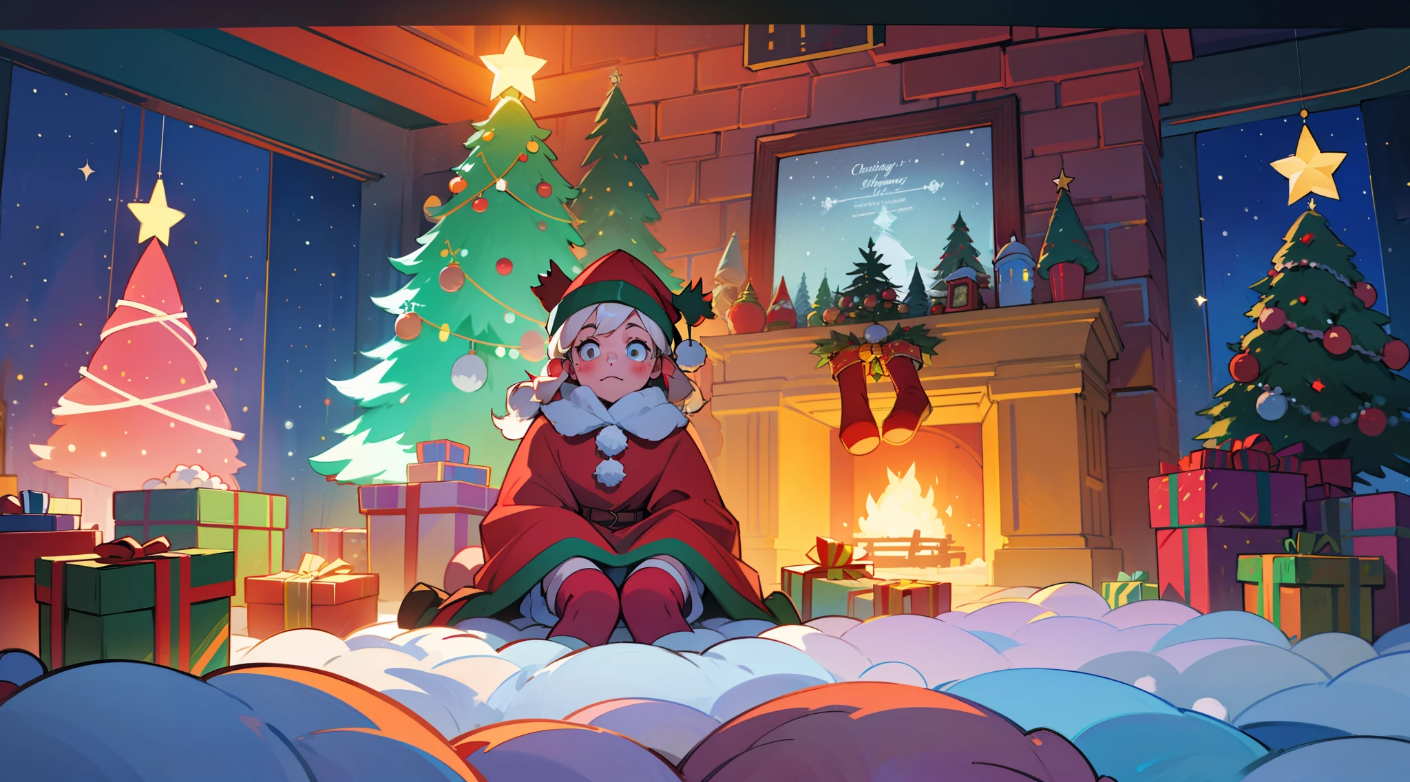 best qualtiy,16k,8K,True exposure,Ray traching,Excellent image quality,Christmas poster,Christmas atmosphere,A real Christmas tree,pompon,bell,Luminous colored light bar,inside in room,Chilling,Santa Claus hat,Christmas decorations are hung on the wall,snowflower,Bottom Up