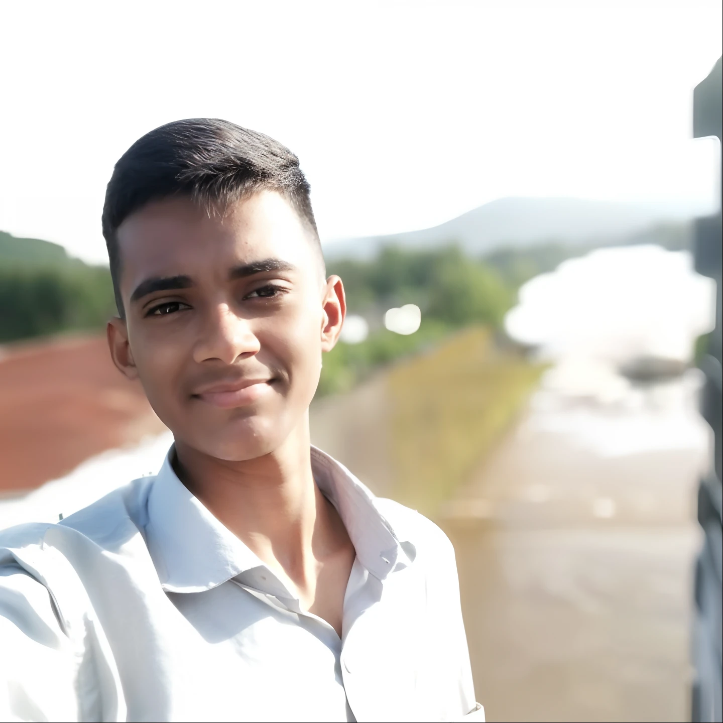 there is a man that is taking a selfie with his cell phone, river in the background, ayan nag, jayison devadas, hills in the background, in front of a forest background, facebook profile picture, selfie photo, lake in the background, river in front of him, mohamed chahin, with a beautifull smile, with mountains in the background, picture