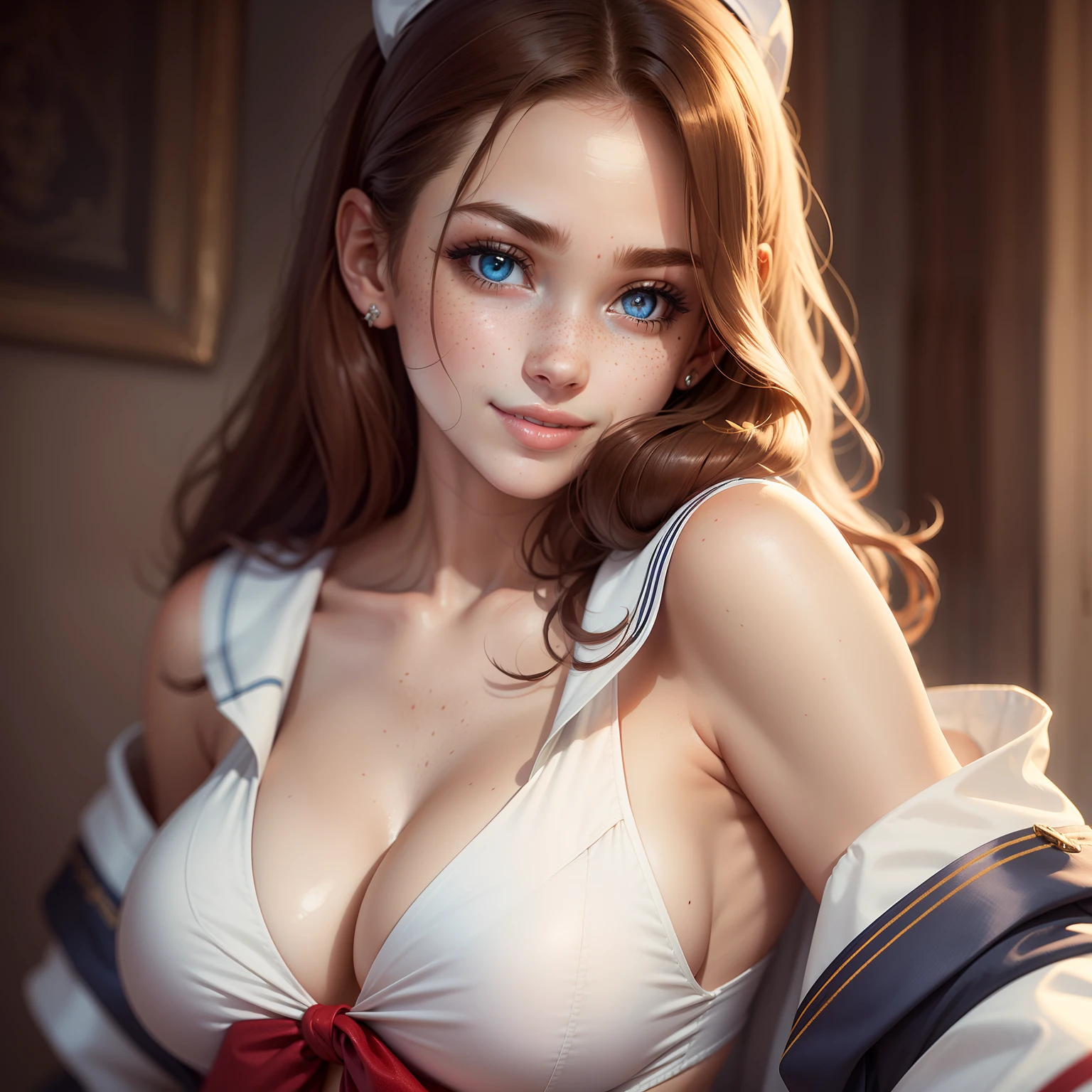 beautiful female face, wearing a sailor outfit, gorgeous eyes, intricate, cleavage, soft lips, smiling, naughty, seductive glance, freckles, side boob, under boob