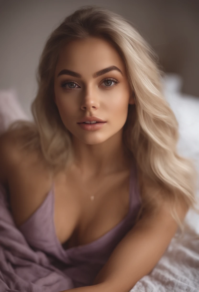 arafed woman fully , sexy girl with brown eyes, ultra realistic, meticulously detailed, portrait sophie mudd, blonde hair and large eyes, selfie of a young woman, bedroom eyes, violet myers, without makeup, natural makeup, looking directly at the camera, face with artgram, subtle makeup, stunning full body shot kneeling on bed, in bedroom, medium to large size bust;
