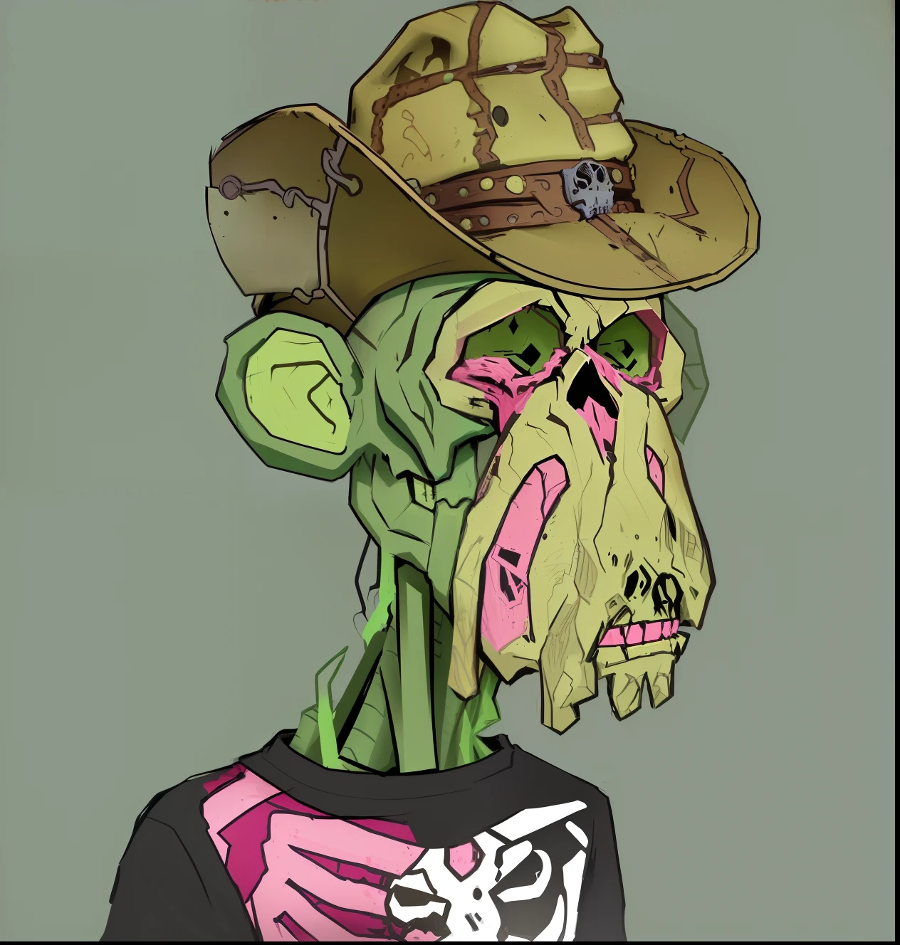 cartoon zombie with a hat and skeleton on his head, skeleton cowboy, nychos art aesthetic, zombified, handsome squidward as male, post - apocalyptic cowboy, yoda as a zombie, pickle rick from rick and morty, fleshy - cyborg - zombie, early cuyler, cyborg zombie, portrait of a hipster skeletor, zombie in horror concept art, pickle rick