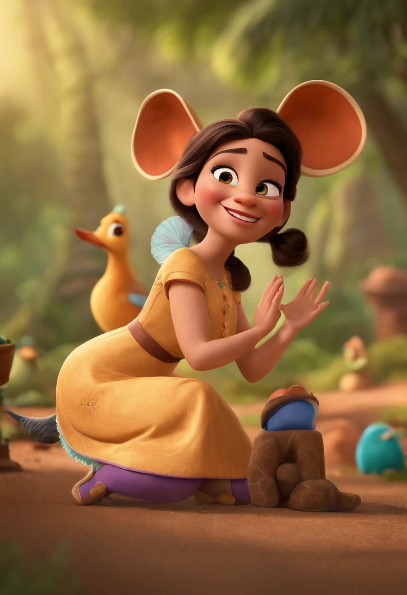 Uma imagem inspirado na Disney Pixar (mulher,36 anos, numa bancada, com base de corte, bolinhas de isopor , com vestida com avental, cabelos mesclado loira e castanho , longos e com poucas ondas, olhos castanhos ) , de fundo um ateliecomo uma inagem da pixar.