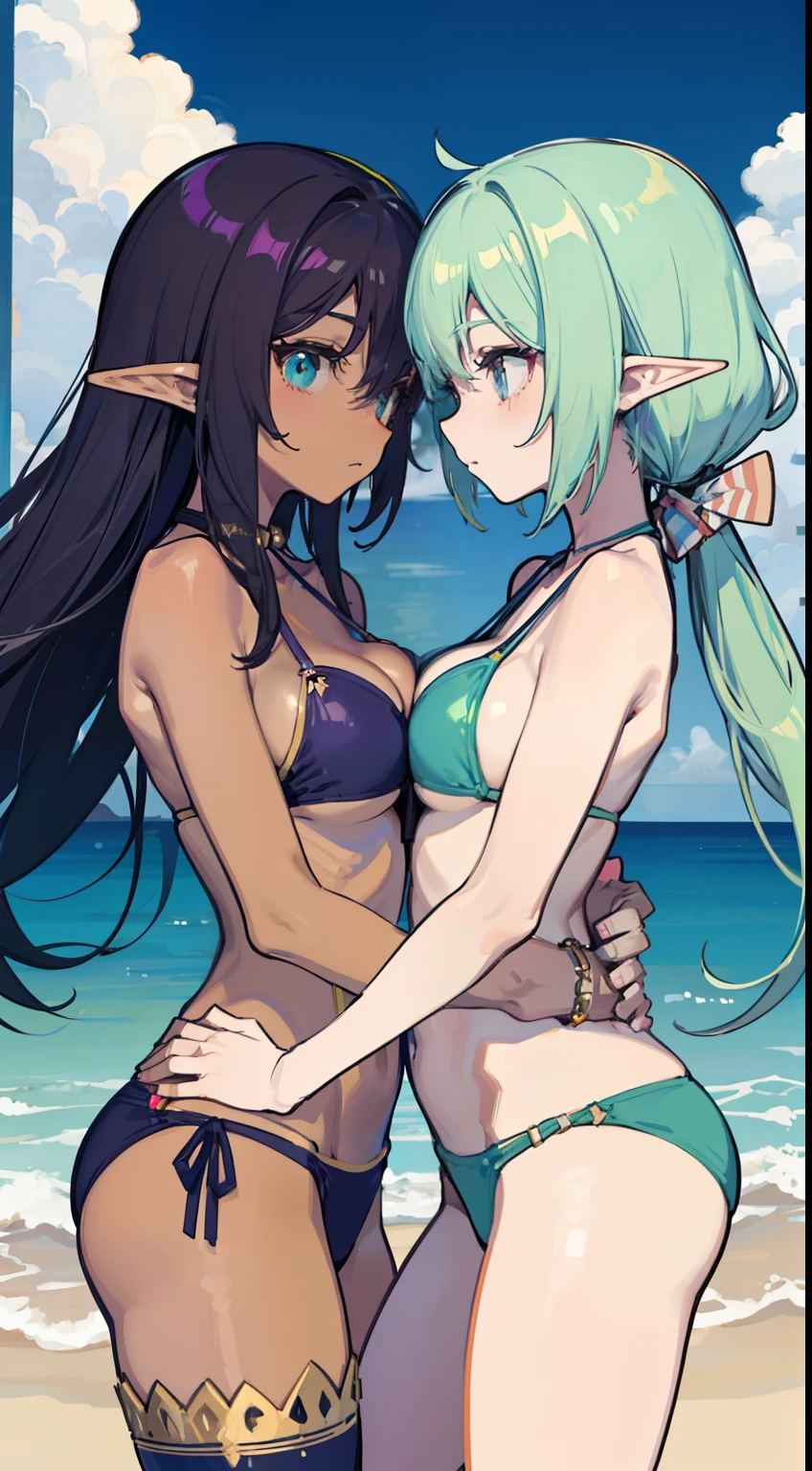 Two female elves，Bikini swimsuit，Equal stature，Hold each other，Look face to face