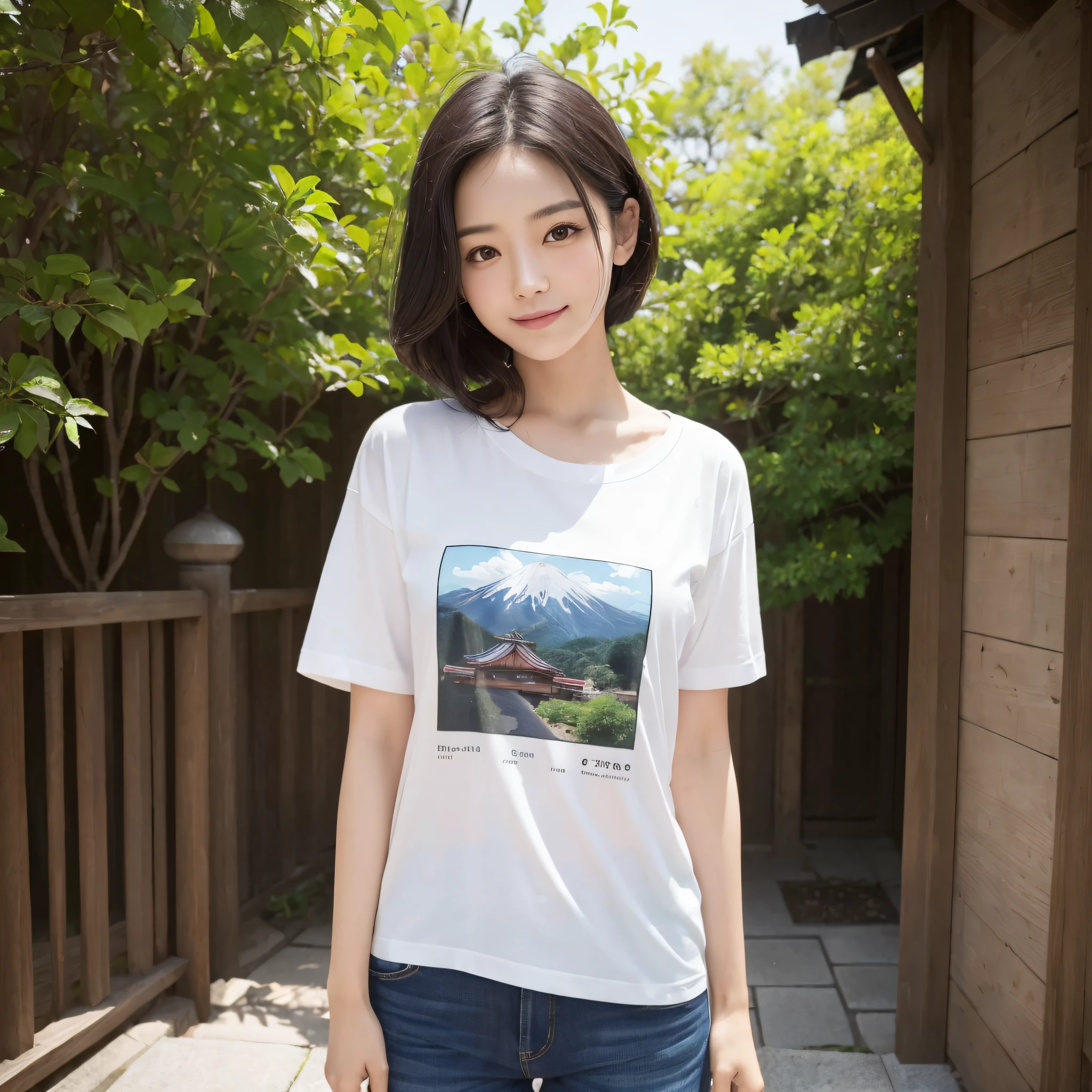One beauty、((best qualtiy、8k masterpieces:1.3))、foco nítido:1.2、(ultra beautiful faces:1.0)、(shinny skin:1.0)、photos realistic、A dark-haired、Video Lighting、High-definition eyes and face、Video Lighting、Japanese actressl、from the front side、medium breasts、Smile、Slender Abs Beauty、Whole body、Kanji for Japan「tenderness」Wearing a T-shirt、At the shrine