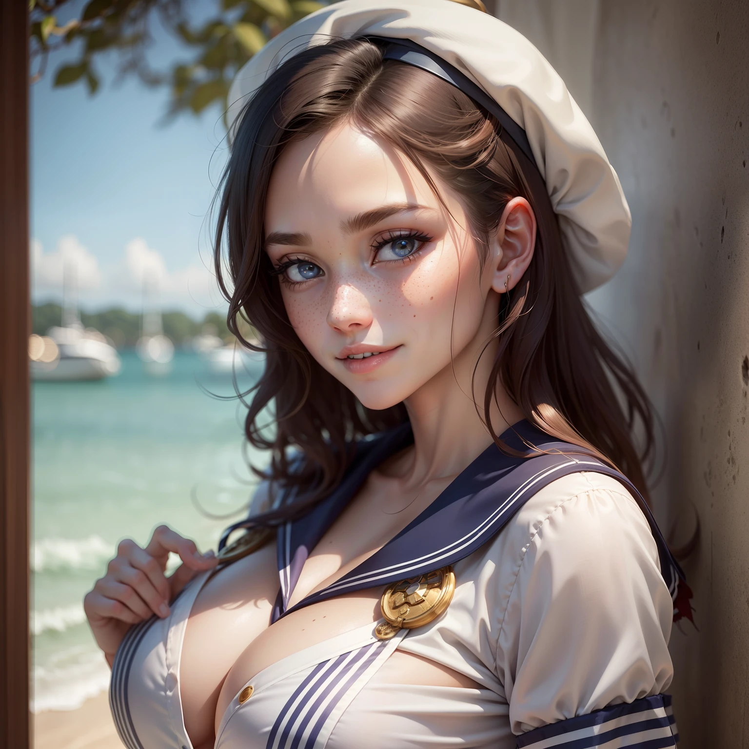 beautiful female face, wearing a sailor outfit, gorgeous eyes, intricate, cleavage, soft lips, smiling, naughty, seductive glance, freckles, side boob, under boob