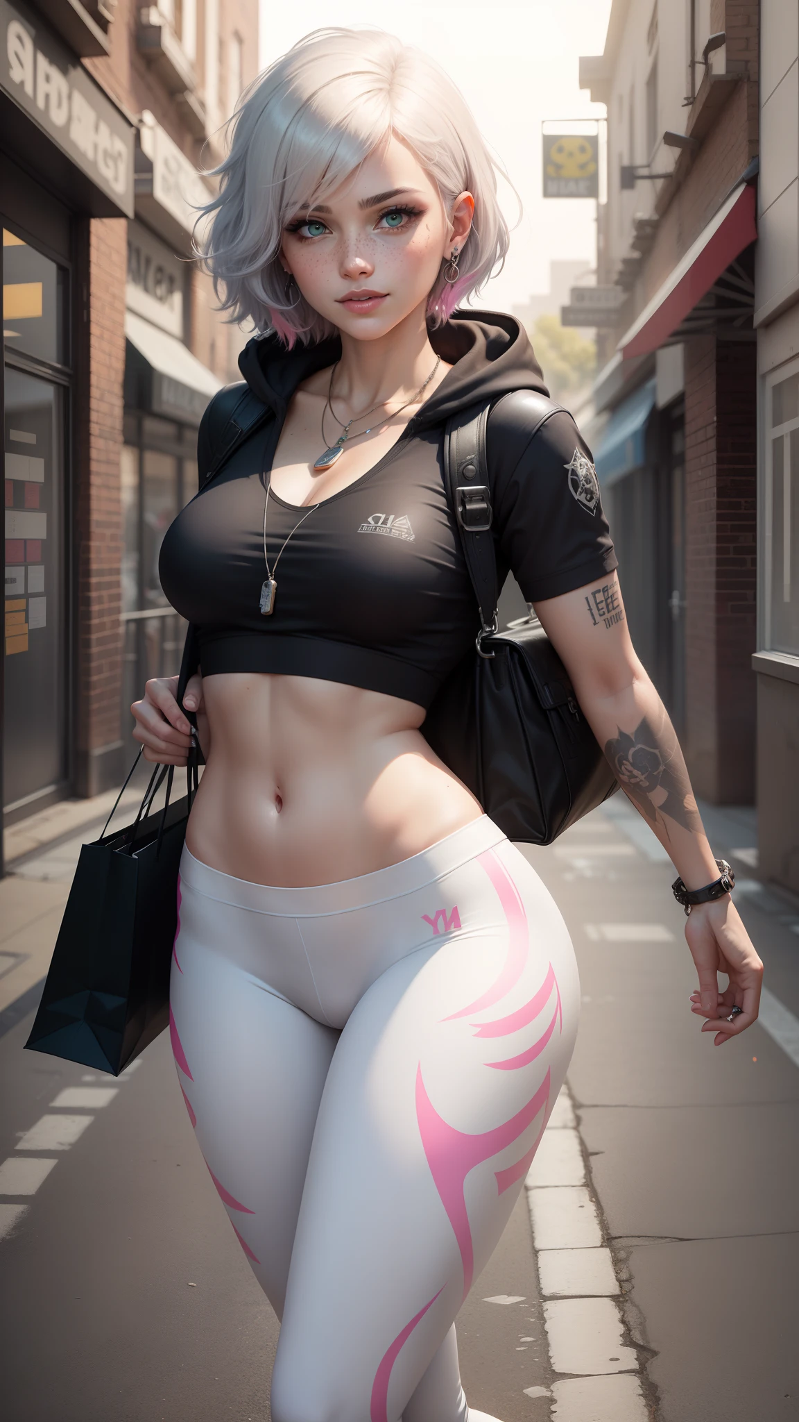 gwen tennyson,tracer,y'shtola rhul,yorha 2b,overwatch,nier automata,mecha pilot,shopping street,tattoos,orange and pink plugsuit,white short sleeve lycra top,white cargo leggings,uncovered belly,short hair,punk makeup,green eyes,multicolored silver hair,sexy smile,freckles,beautiful girl,large breasts,8k,ultra detailed,realistic,fantasy art,rock star,ear piercings,metal band uniform,saiyan girl,short sleeve punk hoodie,graffiti wall art,walking,chain necklace,small gym bag,