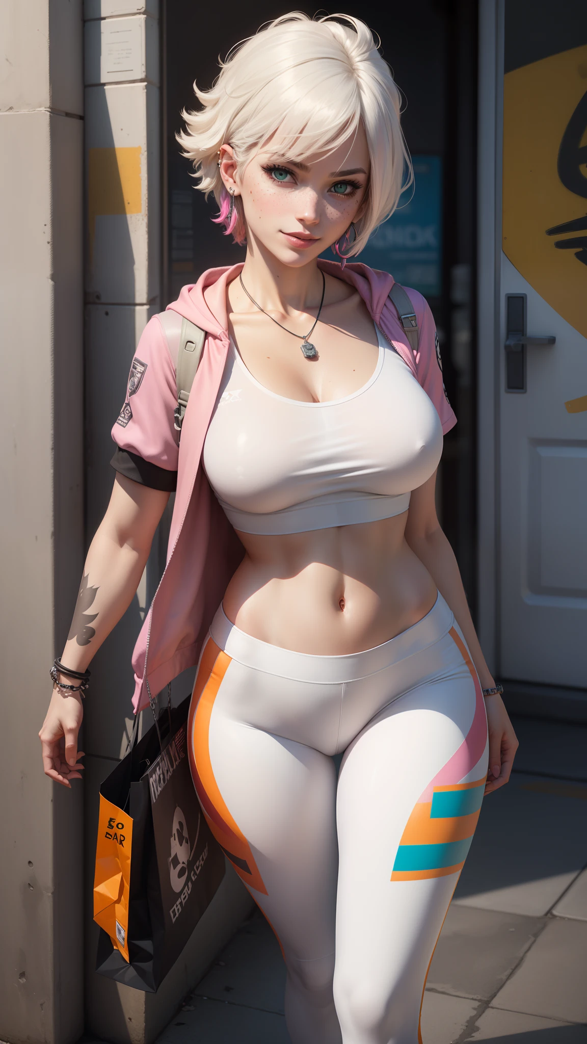 gwen tennyson,tracer,y'shtola rhul,yorha 2b,overwatch,nier automata,mecha pilot,shopping street,tattoos,orange and pink plugsuit,white short sleeve lycra top,white cargo leggings,uncovered belly,short hair,punk makeup,green eyes,multicolored silver hair,sexy smile,freckles,beautiful girl,large breasts,8k,ultra detailed,realistic,fantasy art,rock star,ear piercings,metal band uniform,saiyan girl,short sleeve punk hoodie,graffiti wall art,walking,chain necklace,small gym bag,