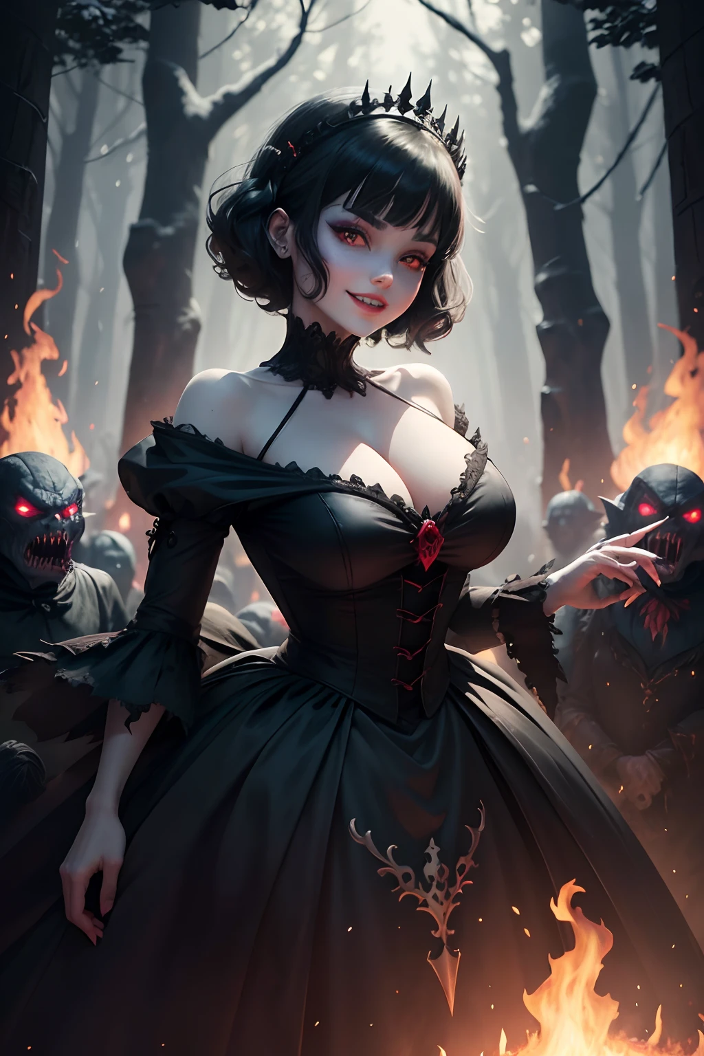 A zombie Snowwhite (very evil looks) of  snow white and seven dwarfs (very evil looks), snow white the Disney princess from snowwhite animated movie, creepy and beautiful zombie Snowwhite, big boobs, sexy look, pale skin of zombie, evil and sexy looks at the same time, mixed of evil and beautiful black eyes, black short hair of snow white, short hair, evil smile for evil lady  , perfect body shape, Snowwhite dressed same  dress  from Disney animation movie, the dress  inspired from the snow white animated movie 1937, the dress yellow skirt and  blue shirt(not black ), evil smile with vampire fangs, (smirks:1.2), ((in forest burning in the fire with black bird around  )), cinematic, insane details, "the Zombie Beast in the background", intricate details, hyperdetailed, neon colors ((hdr)), ((vignette))