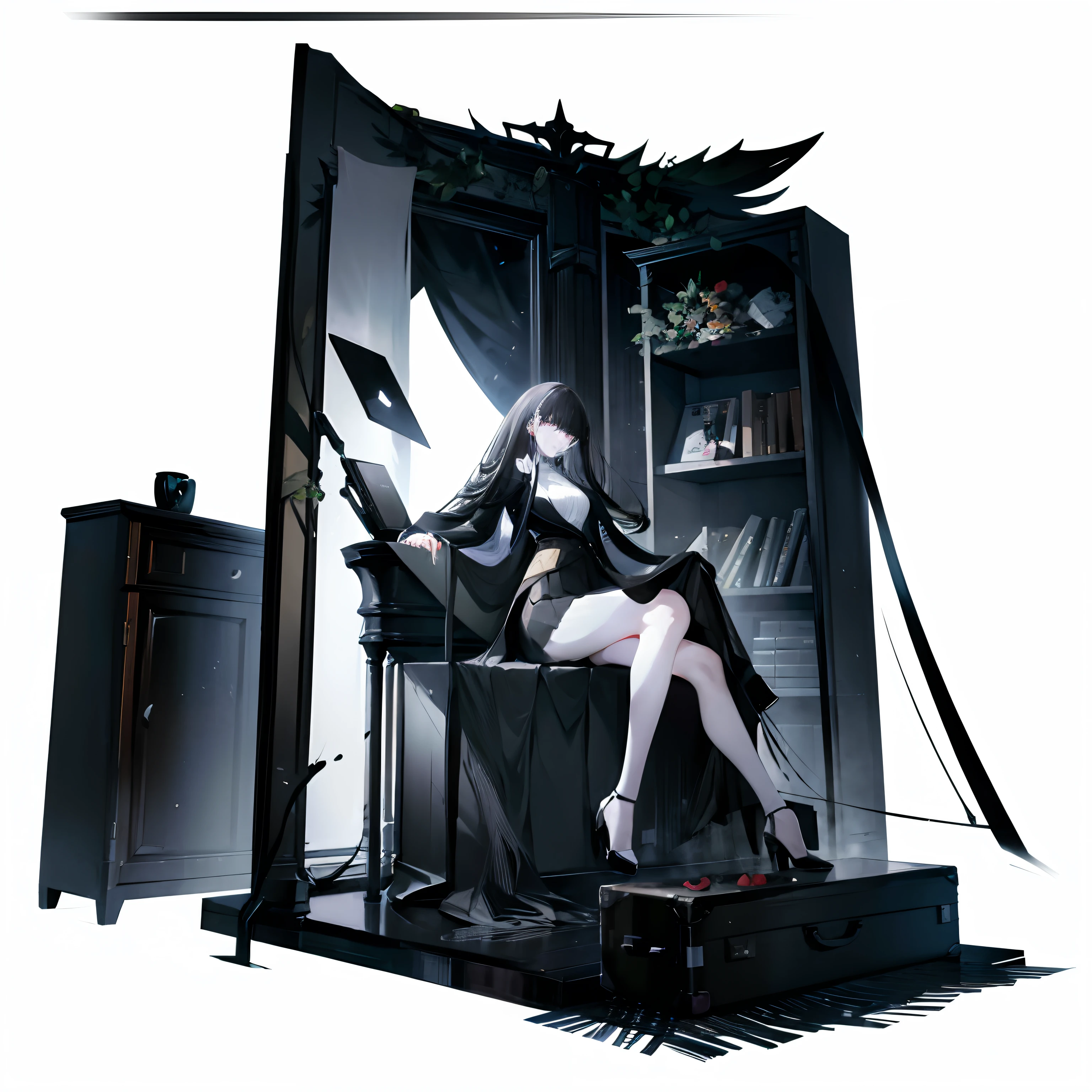 black hair, sitting, full body, very long hair, black suit, skirt, table, bookcase, plant, splash art, white background,