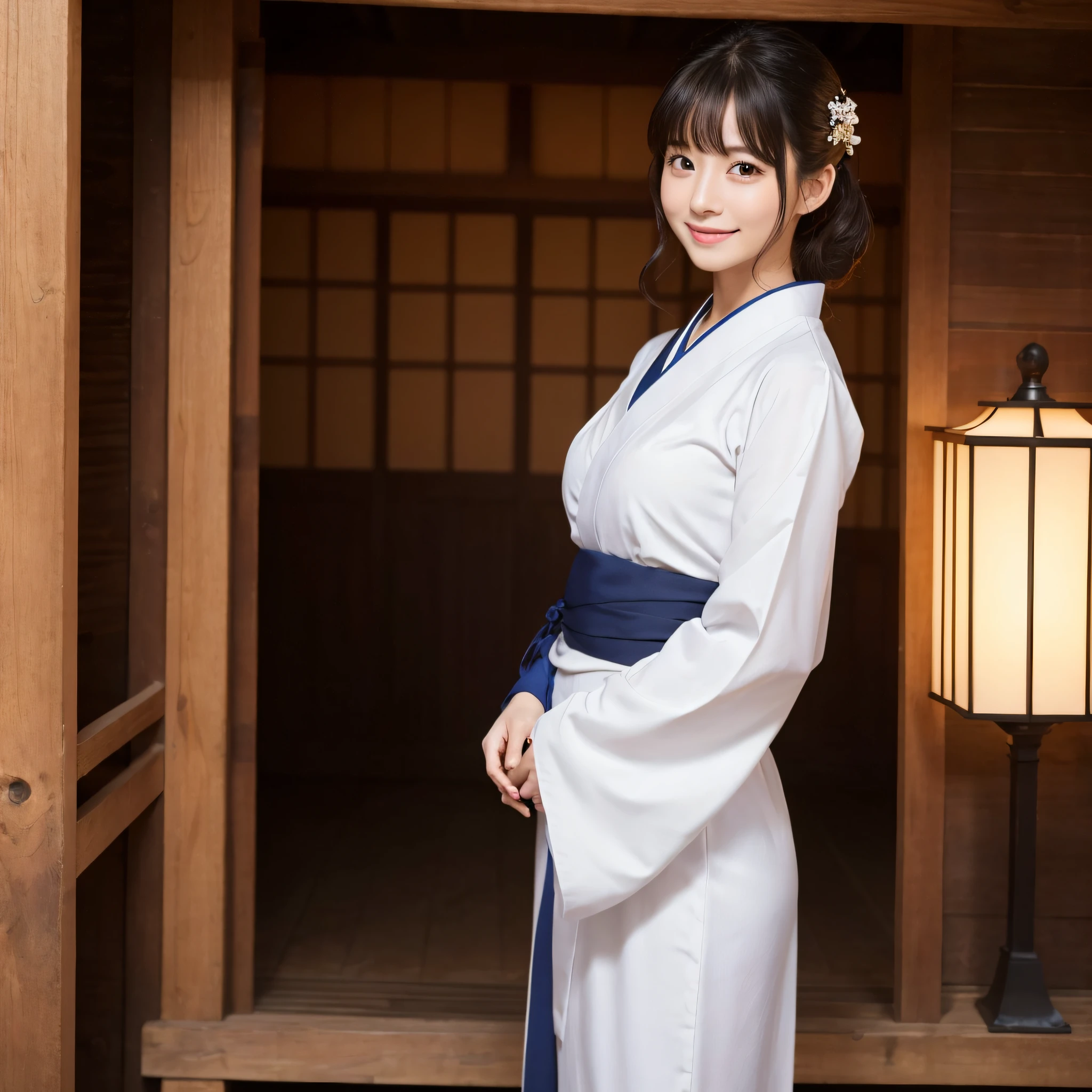 Beautiful woman in neat Japanese clothes、((best qualtiy、8k masterpieces:1.3))、foco nítido:1.2、(ultra beautiful faces:1.0)、(shinny skin:1.0)、photos realistic、A dark-haired、Video Lighting、High-definition eyes and face、Video Lighting、Japan Idol Actress、from the front side、medium breasts、Smile、Slender Abs Beauty、Whole body、In furisode