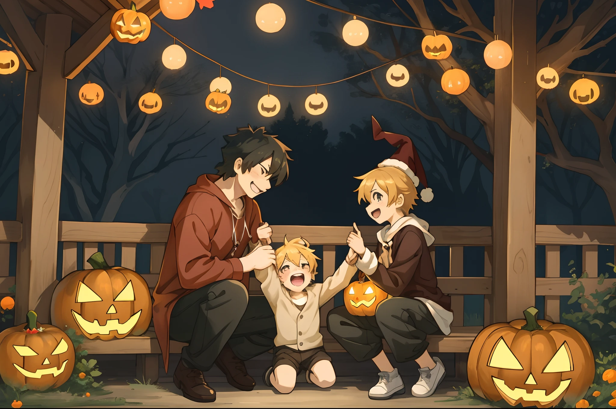 Create a detailed, high-quality fan art cover for a doujinshi based on a slice-of-life anime series, featuring a close-knit family enjoying Halloween together. The scene should depict a festive and joyous atmosphere, with the family members laughing and surrounded by sweets, and the child holding a jack-o’-lantern. The parents are amiably giving out treats to the child. Capture the warmth and happiness of the family moment, with a focus on expressing the characters’ enjoyment of the holiday. The image should be in a vertical format, with vivid colors and a homely, welcoming vibe, suitable for a fan-created work that could be shared on platforms like Pixiv or Twitter,