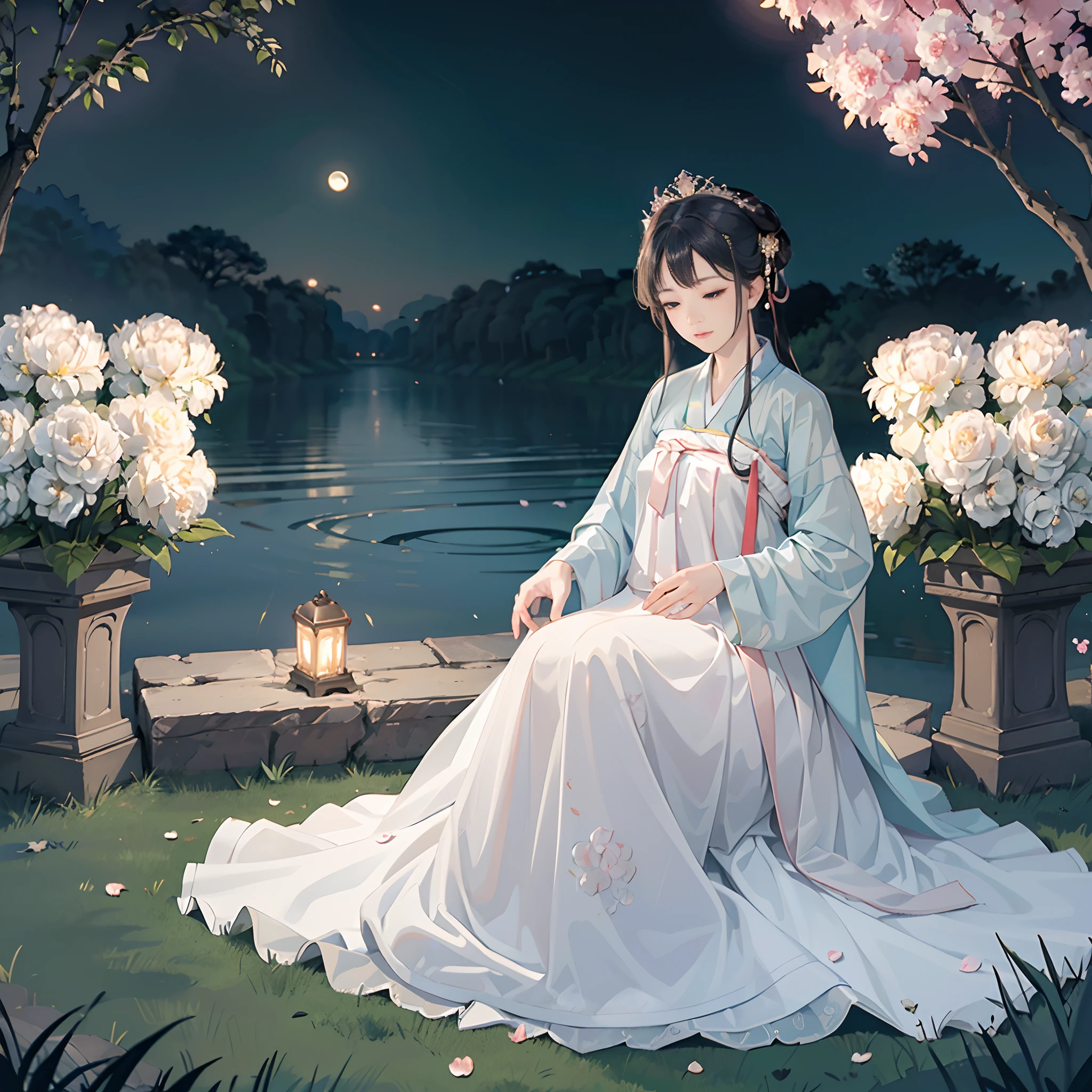 (best quality,high-resolution,clear image:1.2),ultra-detailed background,beautiful women,traditional Korean hanbok,delicate flower petals,garden scene,moonlit night,romantic atmosphere,Dutch angle shot,soft lighting,tiara