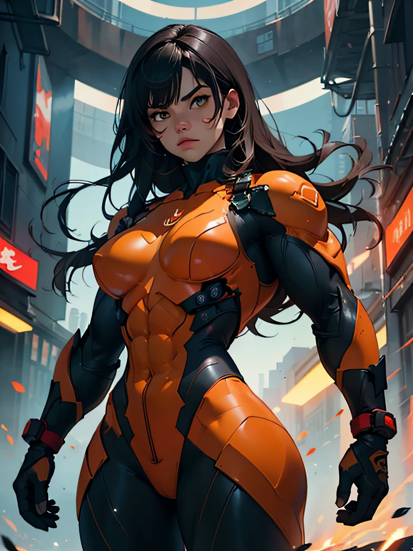 ((masterpiece、top-quality、ultra-detailliert、hight resolution、foco nítido、lighting like a movie、face lights))、((((Muscular toned body of a girl))))、bustshot、pale skin、Dark black hair、Very long hair、Angry yellow eyes、((The thighs are thick and large)) 、((((Black and red bodysuit))))、((pilotsuit)) 、Cowboy Shot、Curve、wide-hips、bodybuilder