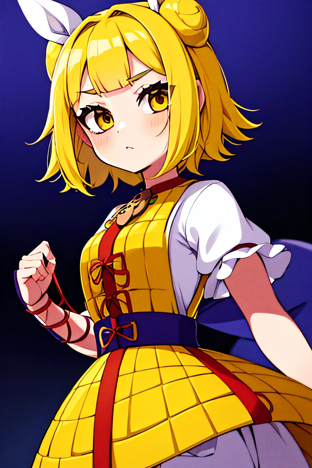 Mayumi Joutouguu, yellow eyes, yellow hair, bob cut, two hair buns held by a white cloth, yellow lamellar armor, short white sleeves, white pants, yellow skirt, purple armguards secured with red rope, dark blue boots,