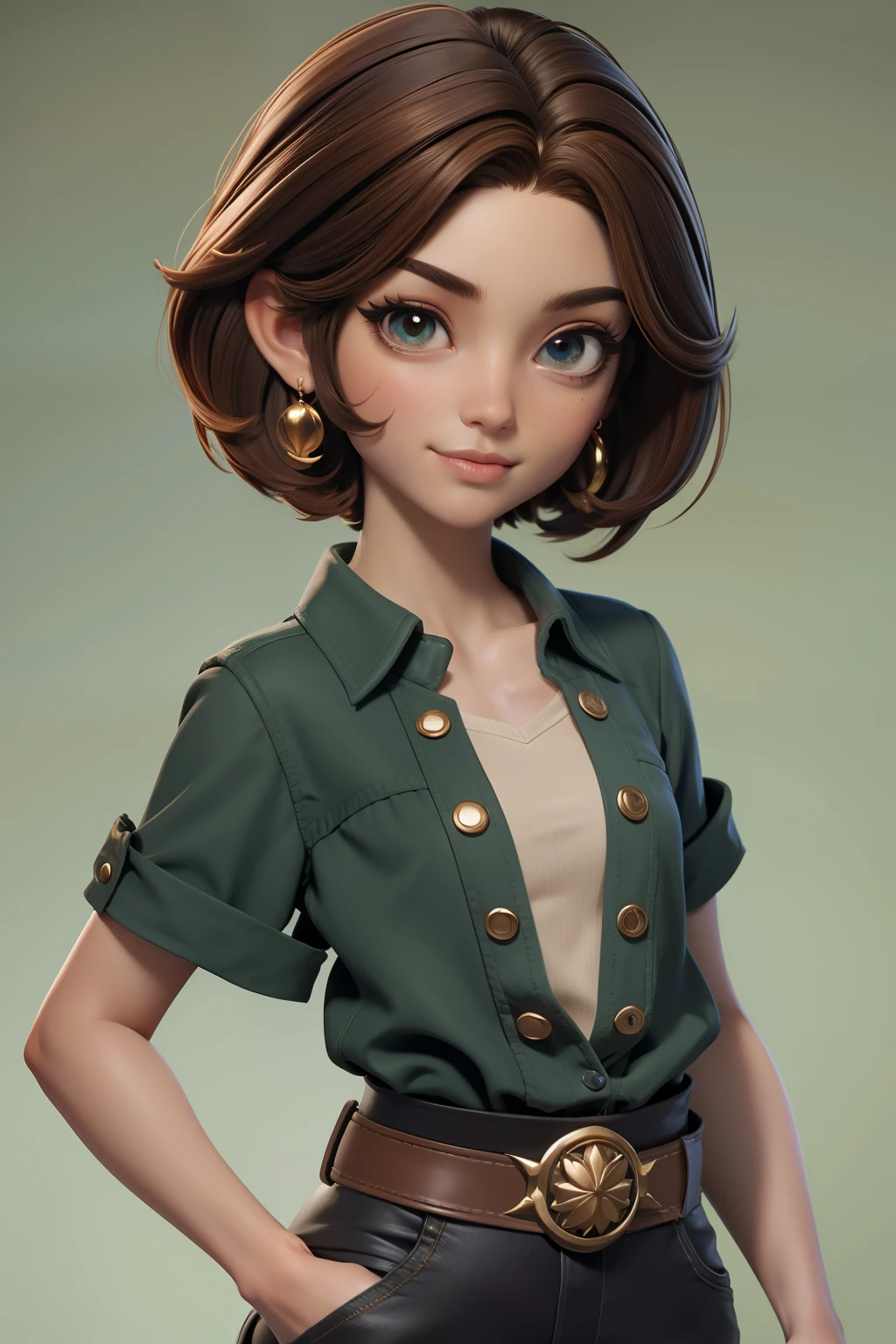 master part, best quality, 1st grade, olhos verdes, pele escura, brown hair, cabelos ondulados, short hair, Brincos, jewelries, pirata, Camisa comprida, fundo simples, sozinho, parte superior do corpo